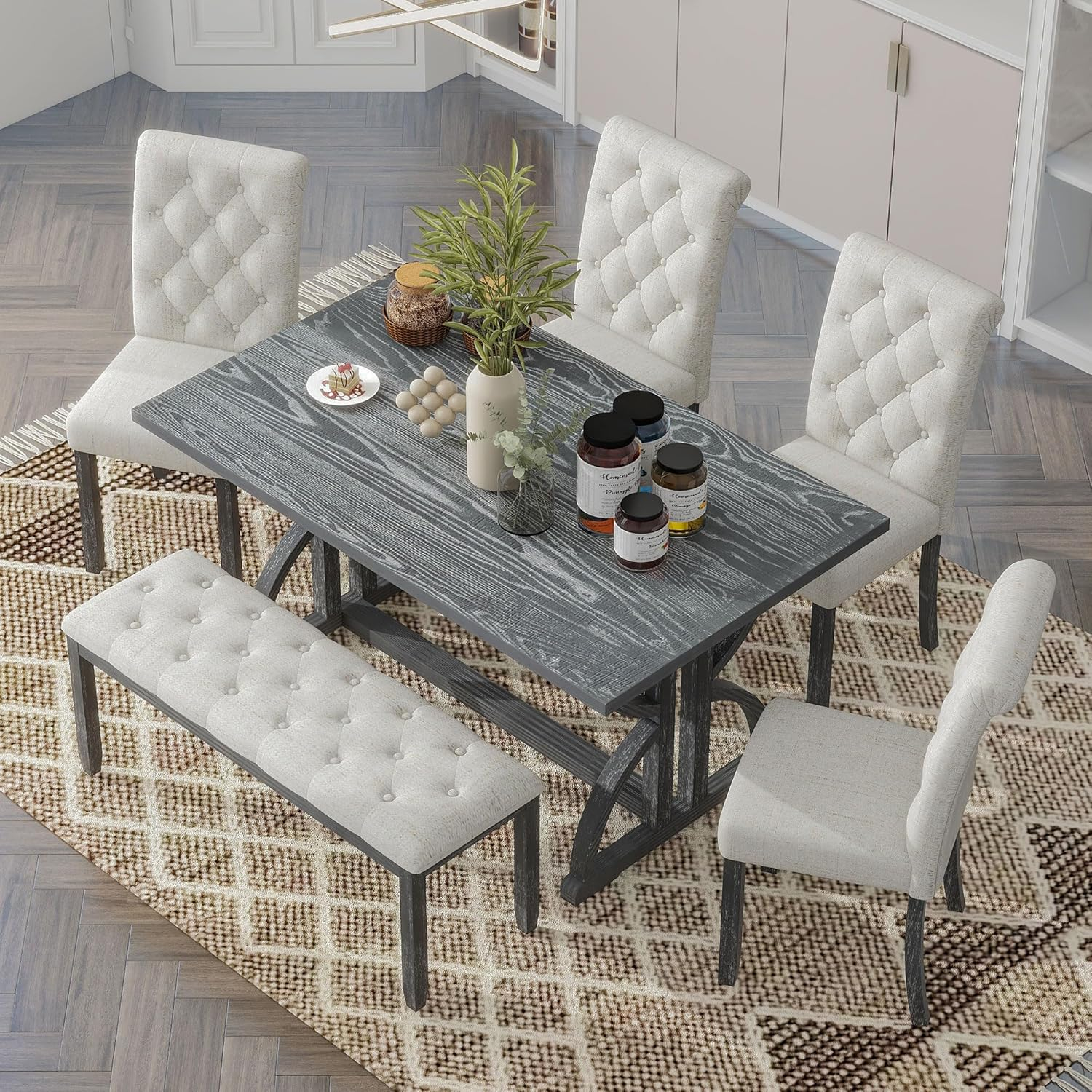 6-Piece Retro Dining Table Set, Rubber Wood Rectangular Table with Unique Legs and 4 Upholstered Chairs & 1 Bench for Dining Room and Kitchen (Gray Wash)