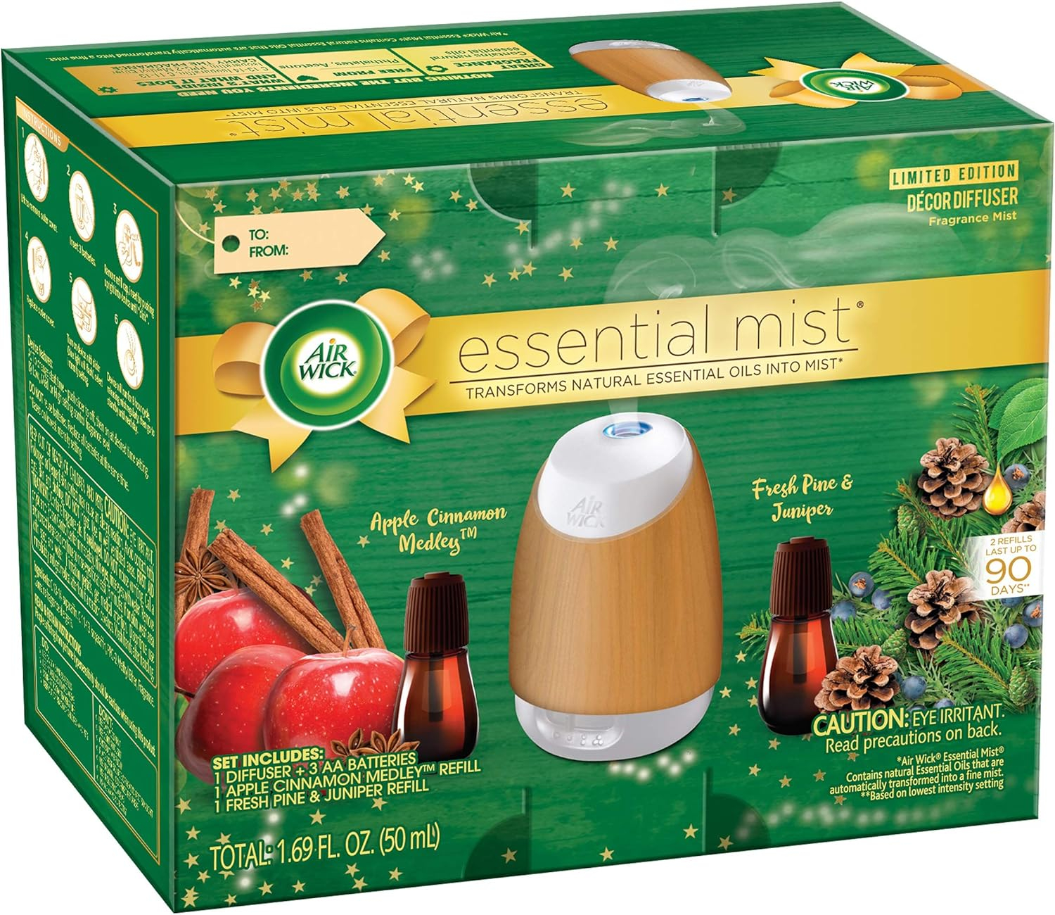 Air Wick Essential Mist Starter Kit (1 Diffuser + 2 Refills), Apple & Cinnamon, Woodland Pine, Essential Oils Diffuser