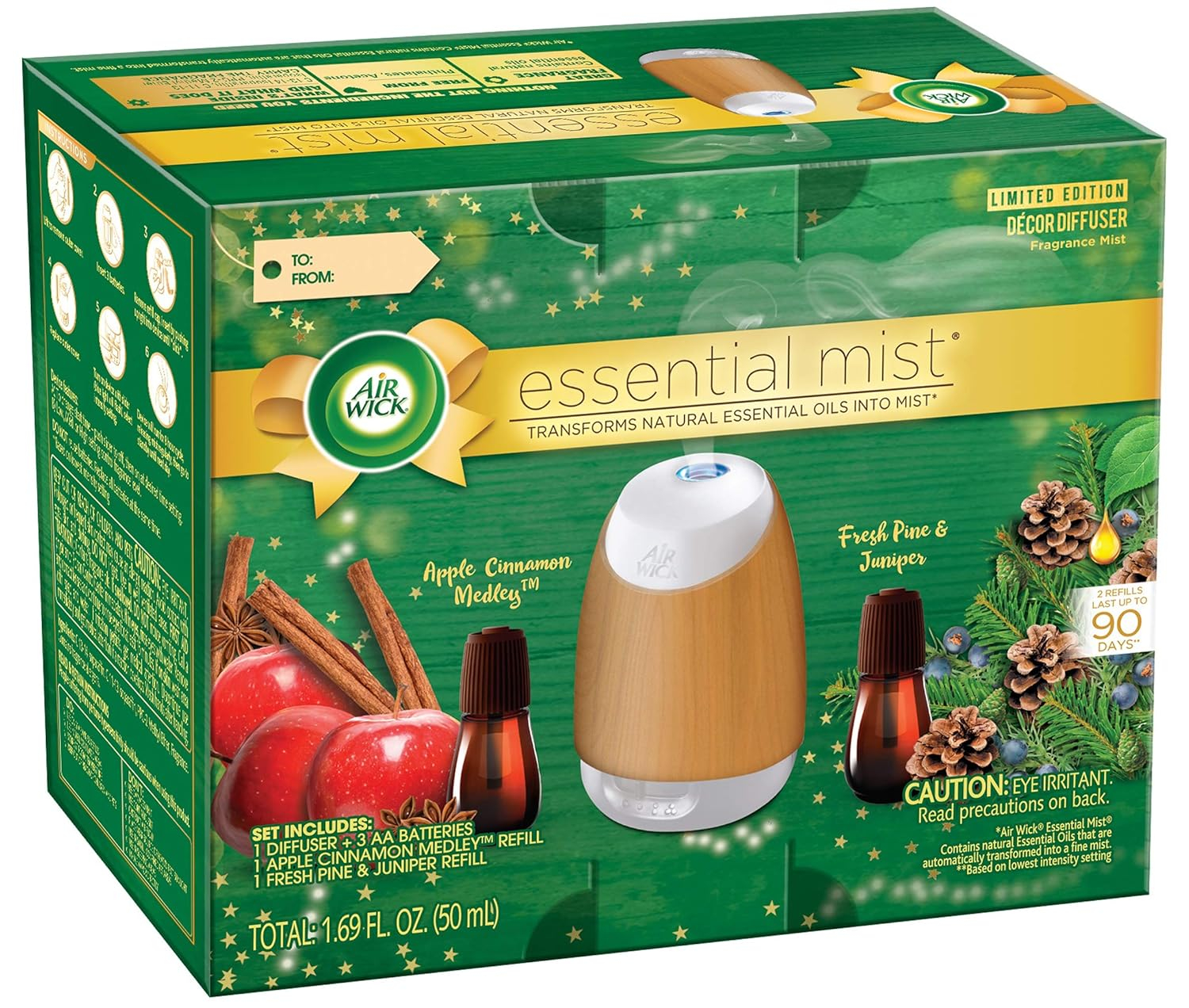 Air Wick Essential Mist Starter Kit (1 Diffuser + 2 Refills), Apple & Cinnamon, Woodland Pine, Essential Oils Diffuser
