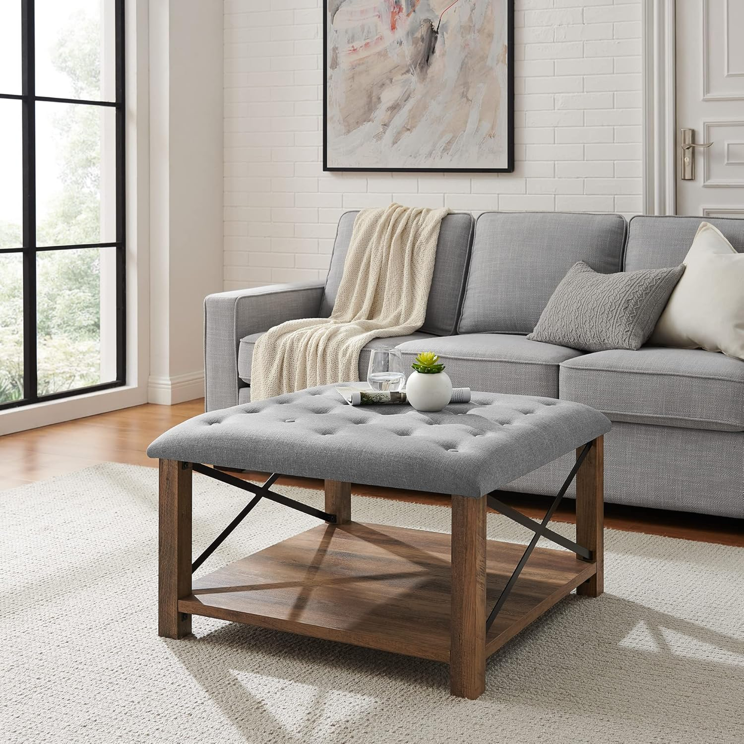 Walker Edison Marcus 30" Square Tufted Fabric Upholstered Ottoman in Gray