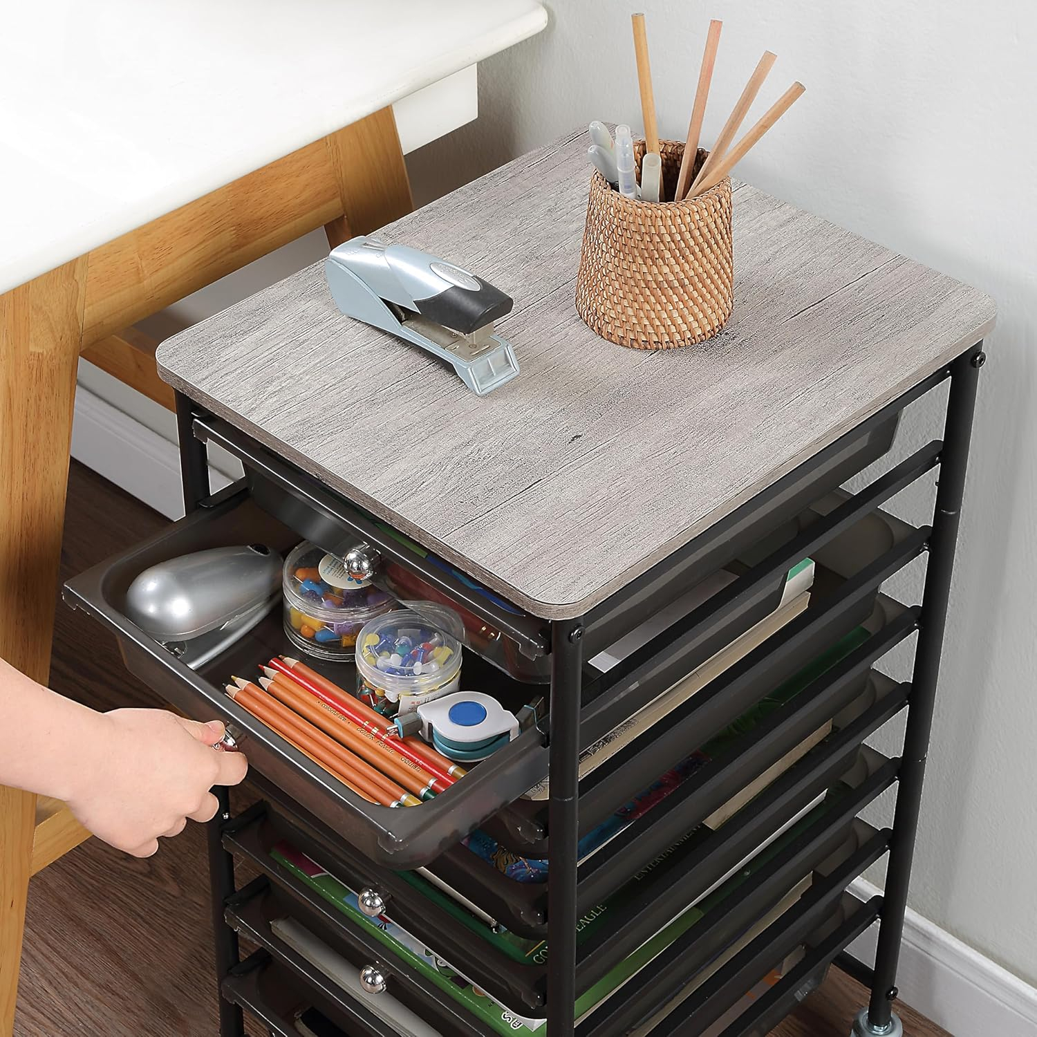 Compact Black Metal and Wood Rolling Storage Cart with 8 Drawers