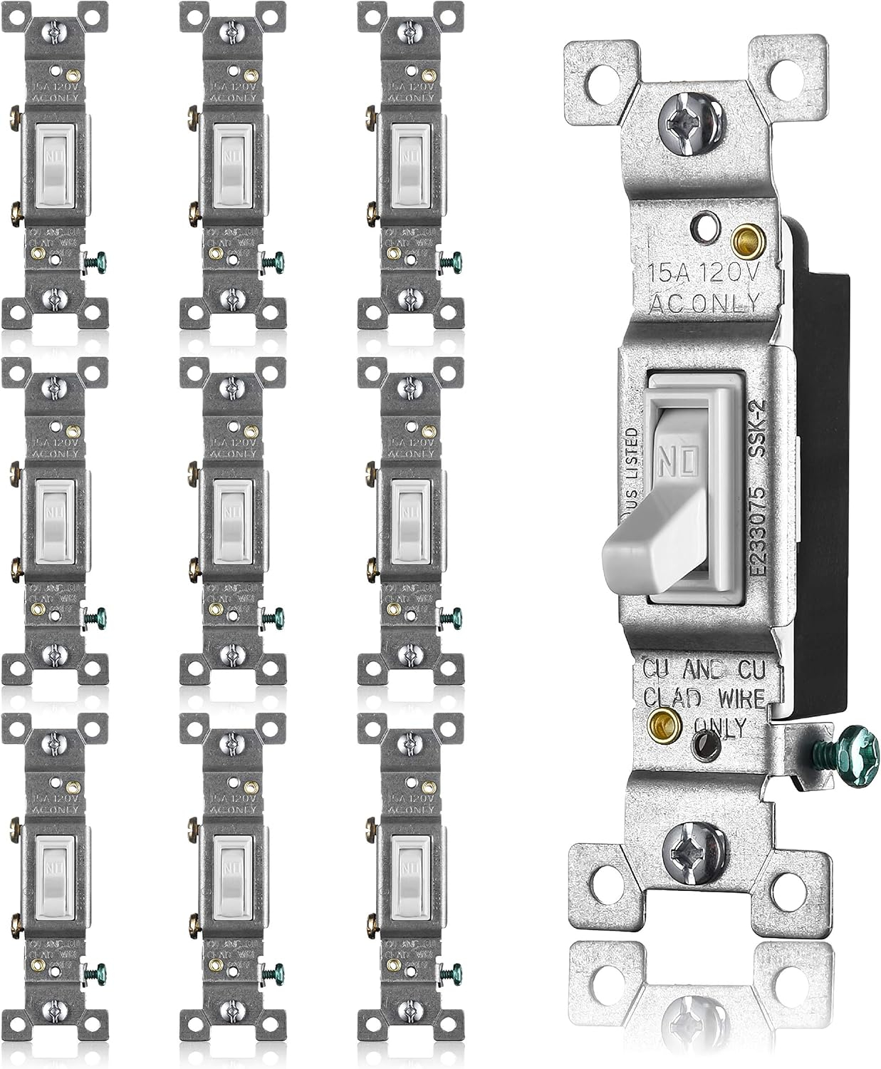 Faith White Toggle Light Switch, Single Pole Standard Wall Switch, 15 Amp Switch Toggle, Grounding Screw, 120V, 10 Pack