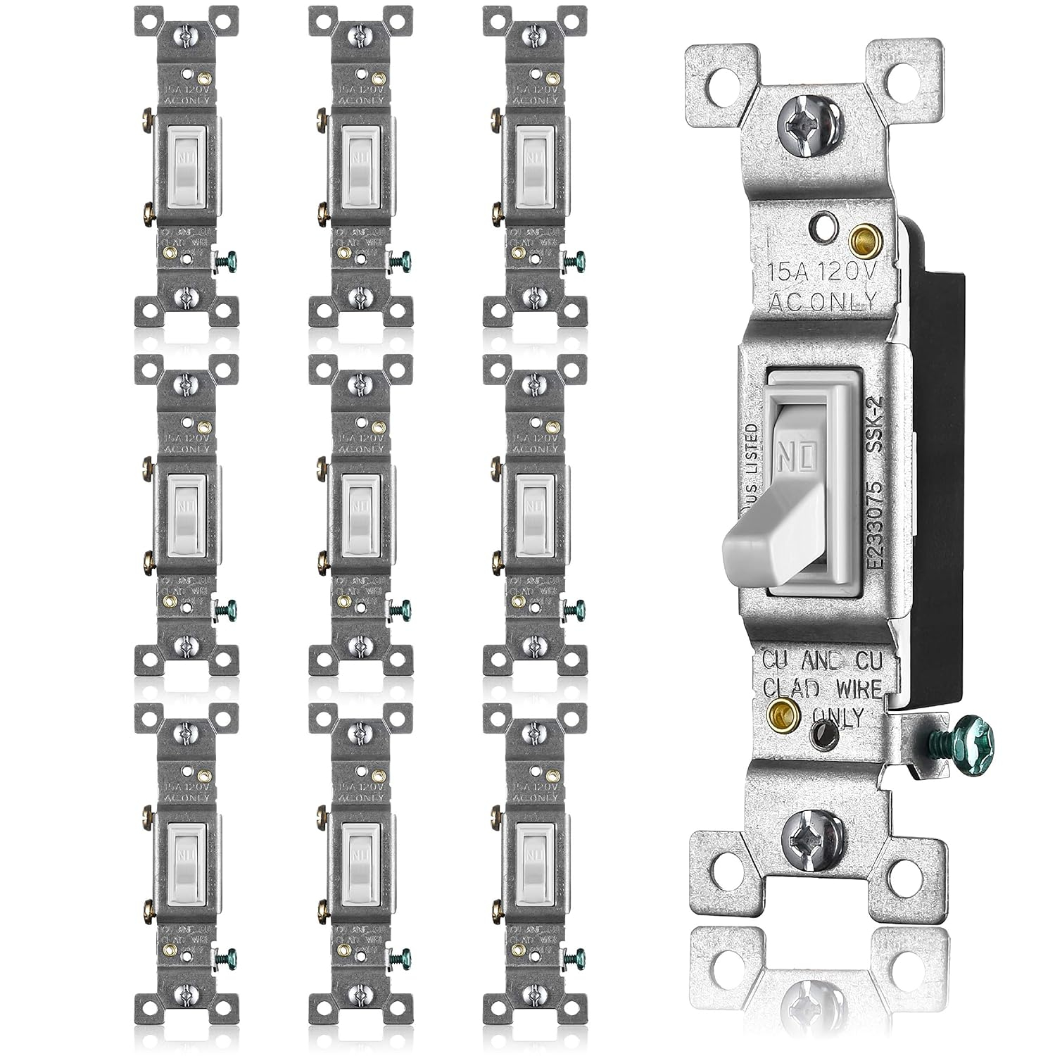 Faith White Toggle Light Switch, Single Pole Standard Wall Switch, 15 Amp Switch Toggle, Grounding Screw, 120V, 10 Pack