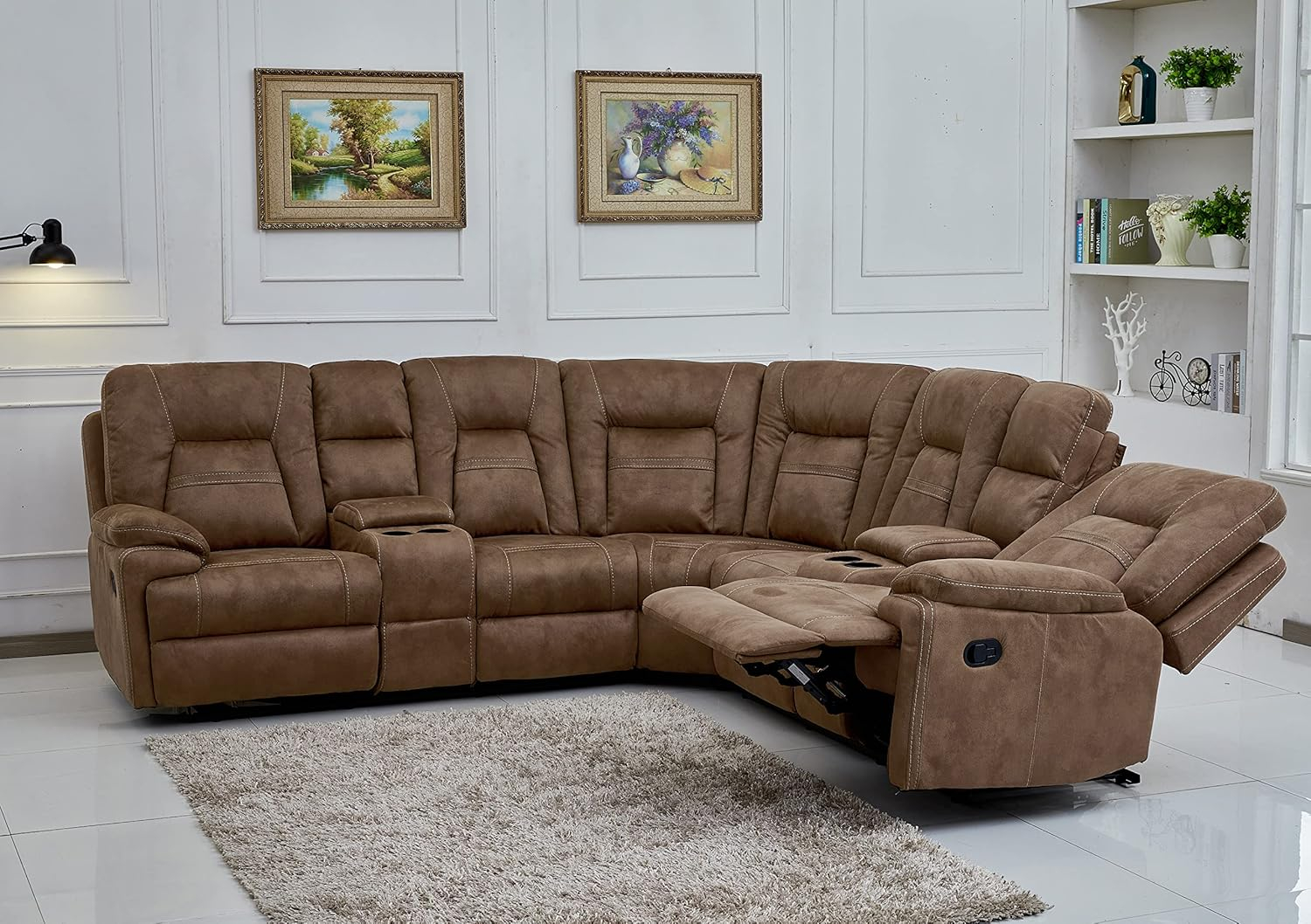 Betsy Furniture Large Microfiber Reclining Sectional Living Room Sofa in Latte 8038