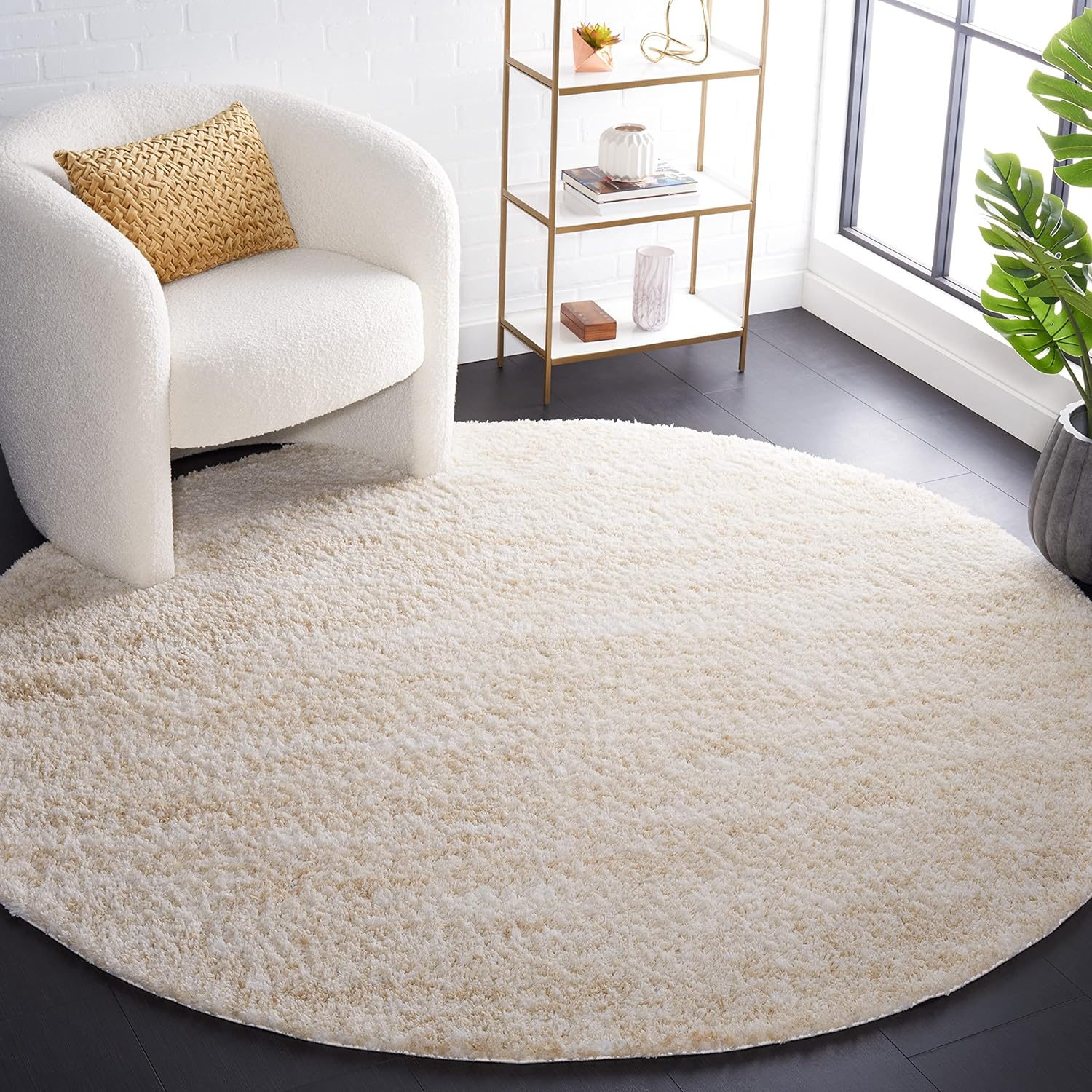 SAFAVIEH Berber Torvald Abstract Polyester Shag Area Rug, Ivory/Beige, 4'5" x 4'5" Round