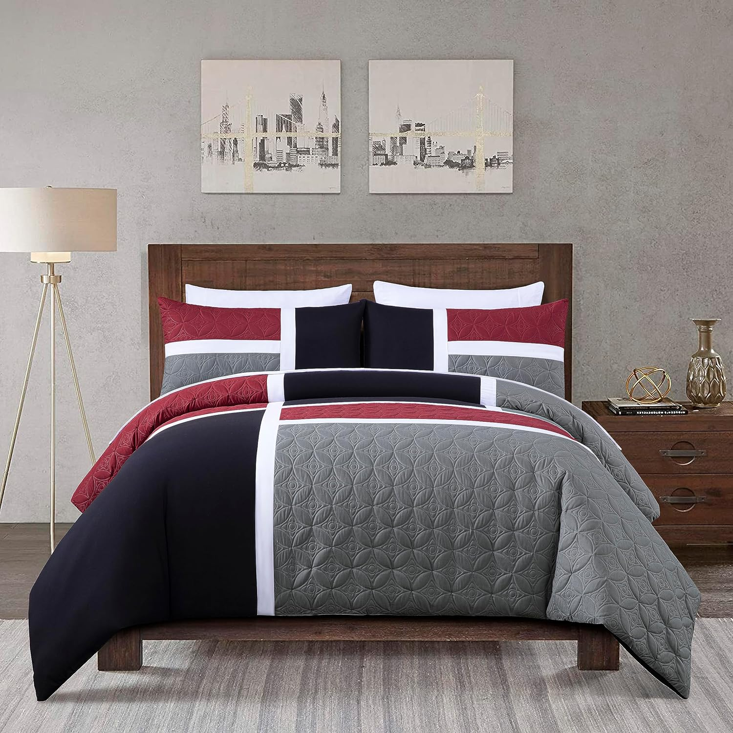 Chezmoi Collection Bernard 7-Piece King Bed in a Bag Comforter Set with Sheets, Lightweight Comforter Red Gray Black Patchwork Quilted Medallion Bedding Set for All Season