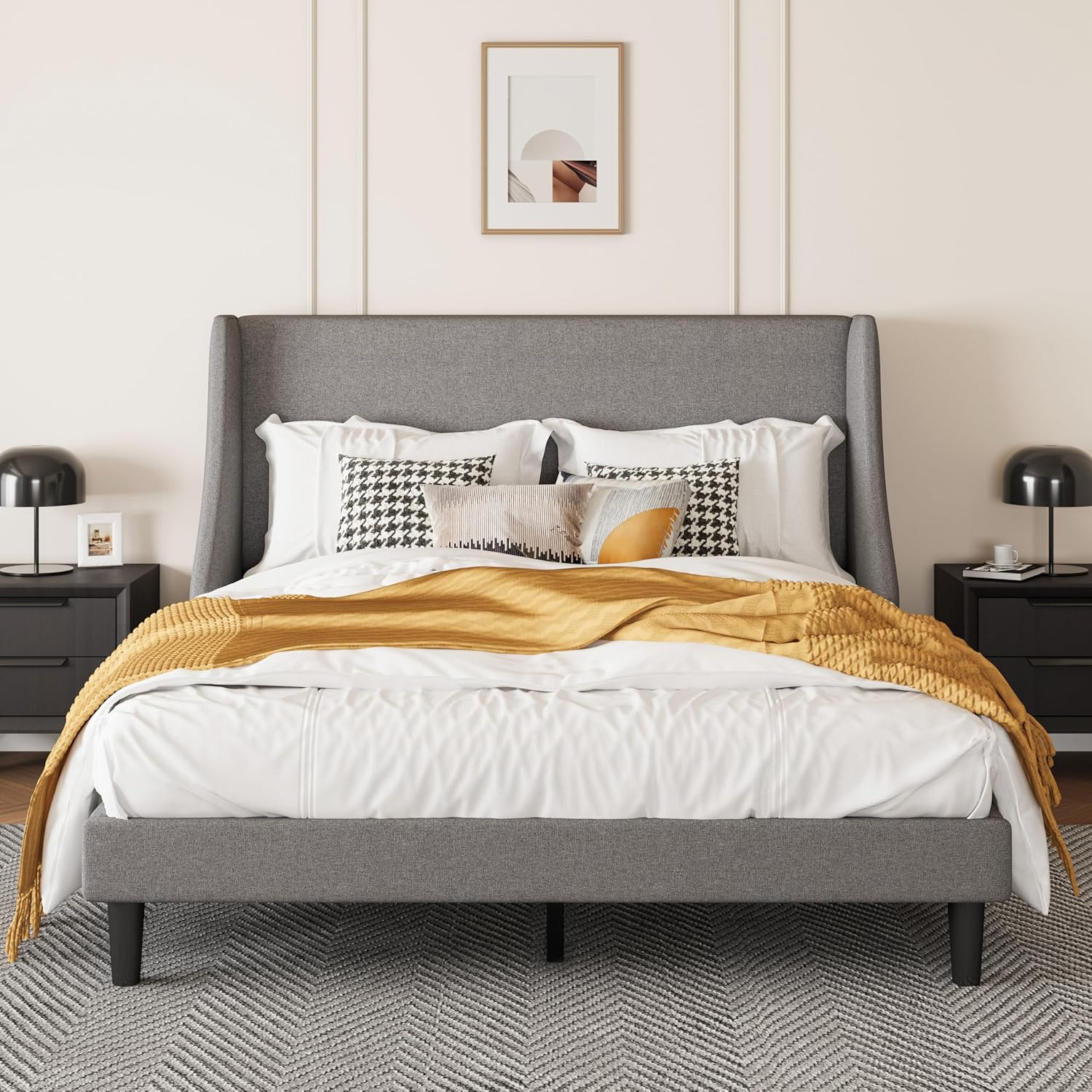 SHA CERLIN Platform Bed Frame Queen Size with Upholstered Headboard – Sleek Wingback Design, Reinforced Wood Slat Support, Light Grey
