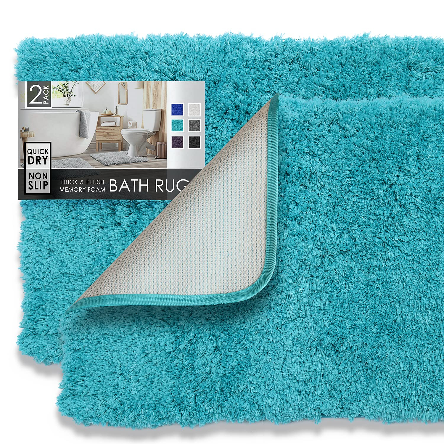 Clara Clark Set of 3 Absorbent Bath Mat Non-Slip Backing Rubber Bathroom Rugs, 17x24 & 20x32, Teal