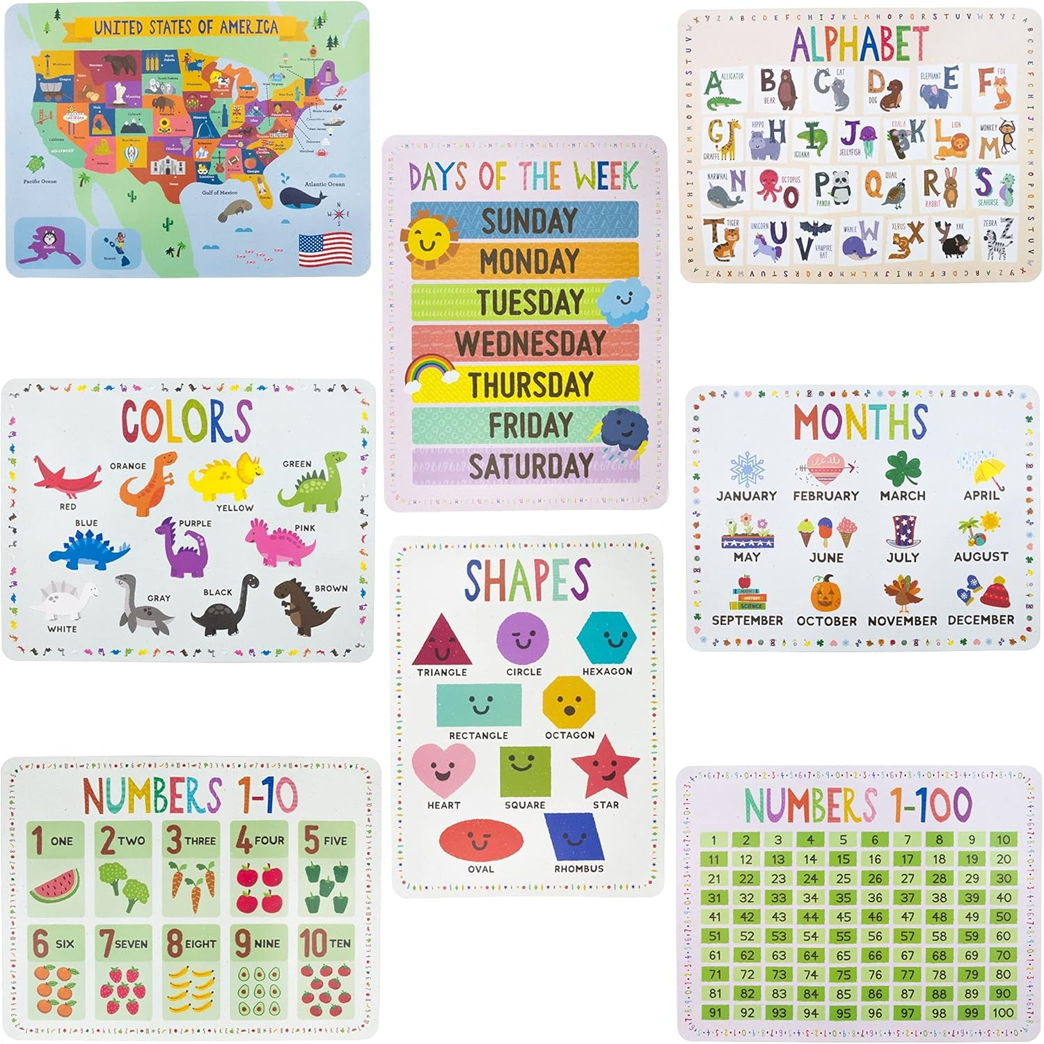 8-Pack Reversible Classroom Wall Posters 22" x 17" - Learn The Alphabet, Colors, Days, Months, Numbers, Shapes, & USA Map - Educational Posters by Pint-Size Scholars