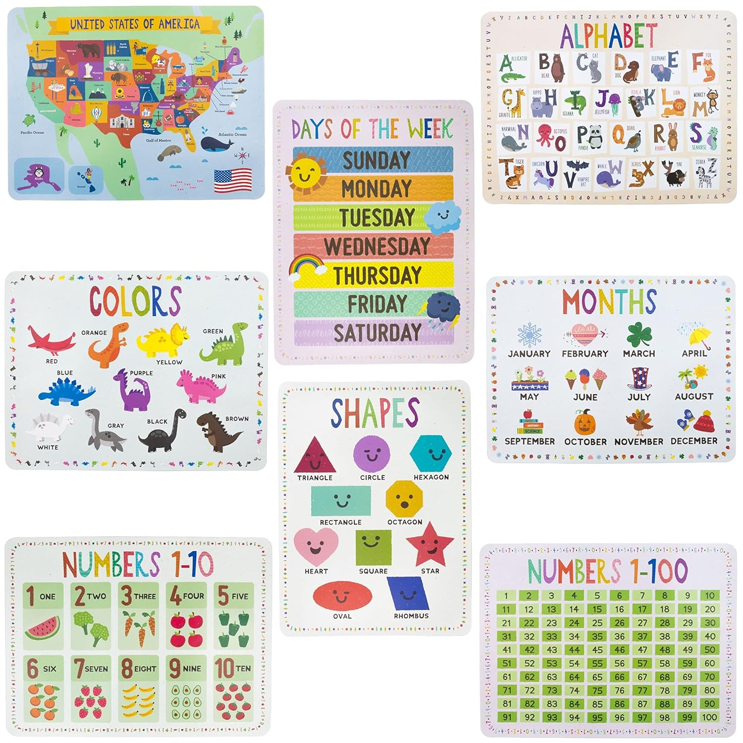 8-Pack Reversible Classroom Wall Posters 22" x 17" - Learn The Alphabet, Colors, Days, Months, Numbers, Shapes, & USA Map - Educational Posters by Pint-Size Scholars