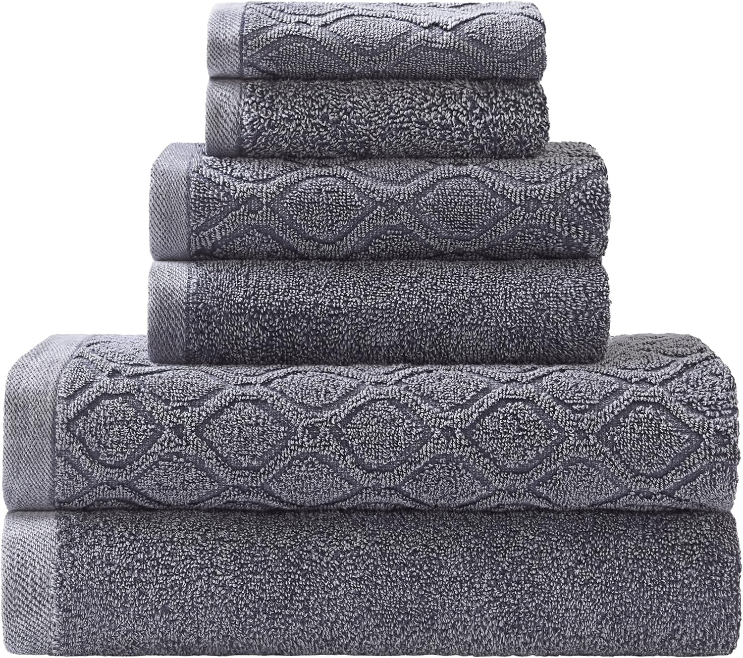 Superior Denim Wash 100% Cotton 550 GSM 6 Piece Bath Towel Set, 2 Face, 2 Hand, 2 Bath Towels, Ideal for Bathroom, Kitchen or Beach, Quick Dry, Jacquard & Solid, Mid-Weight, Navy Blue