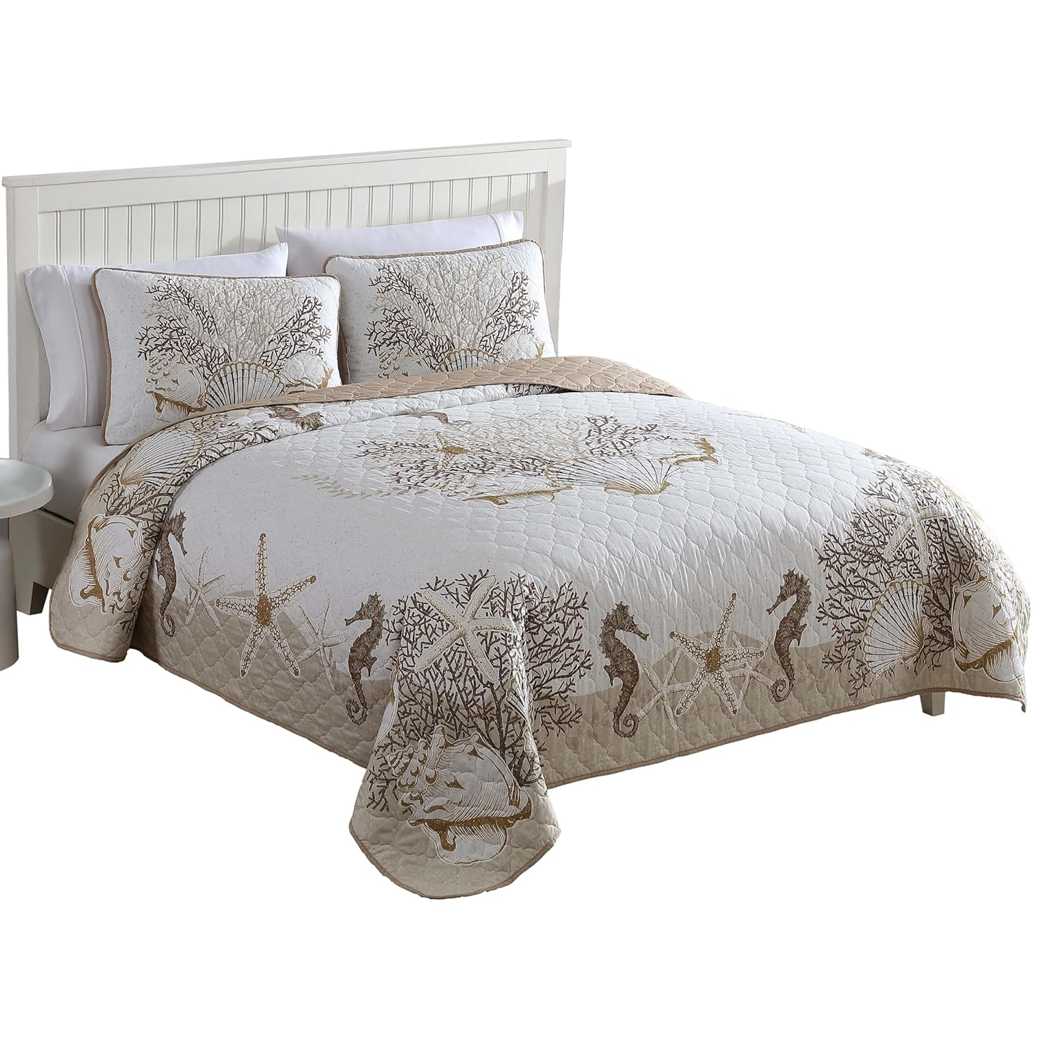 Caribbean Joe  Coastal 3PC Quilt Set Patterned Shell Navy - Full - Queen