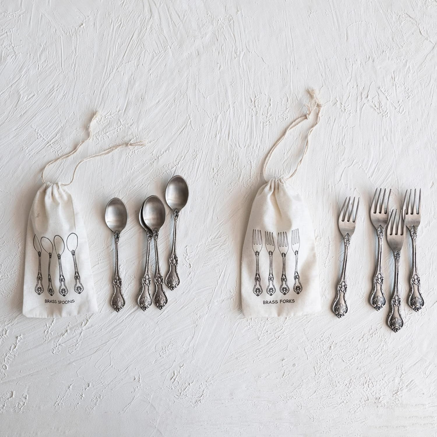 Creative Co-Op Vintage Embossed Brass Drawstring Bag, Set of 4, Antique Silver Finish Spoon