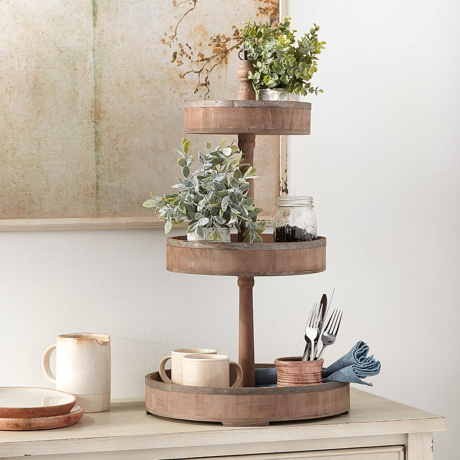 Creative Co-Op Decorative Wood & Tin 3 Tier Tray