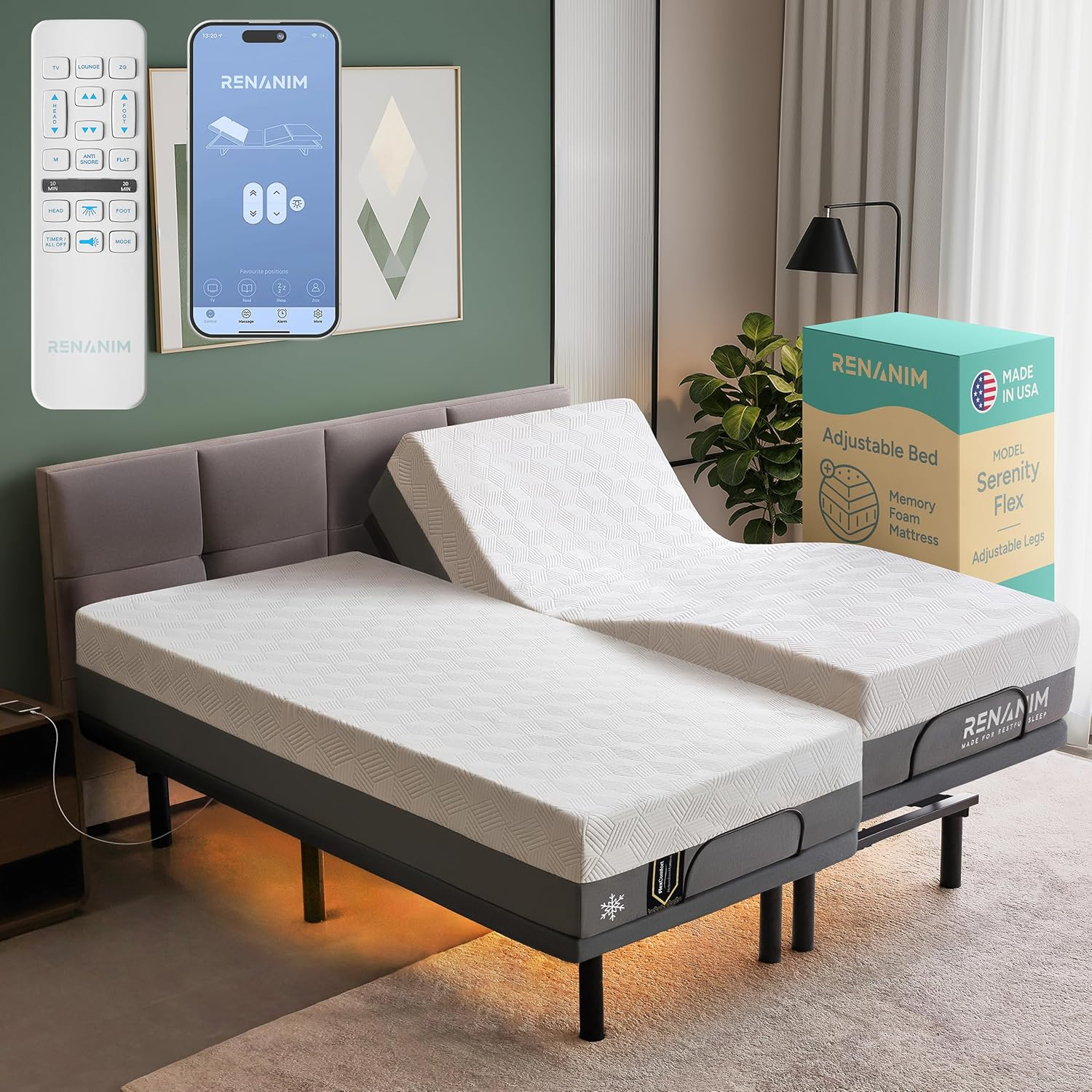 Renanim Serenityflex Adjustable Base & Hybrid Mattress – Split King-Size Adjustable Base with 12 in. Cooling Gel Mattress, Massage, USB Ports, Remote & Under-Bed Light – Reclining Electric Bed Frame