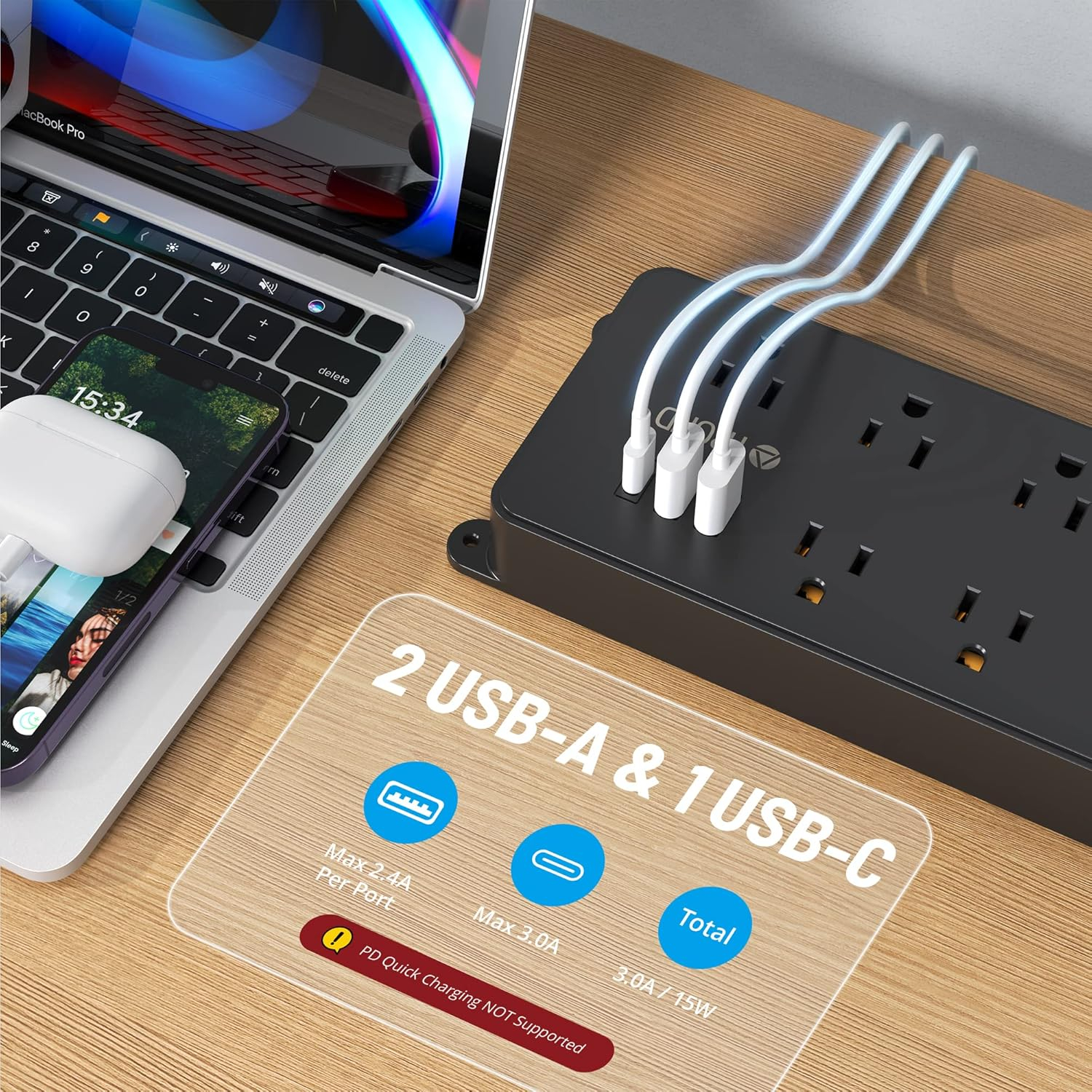 TROND Power Strip Surge Protector, ETL Listed, 15A, 7 Wide Spaced Outlets with 3 USB Ports, 14AWG Heavy Duty, 5ft Extension Cord, Wall Mount/Under Desk, 1700J, for Home Office Garage, Black