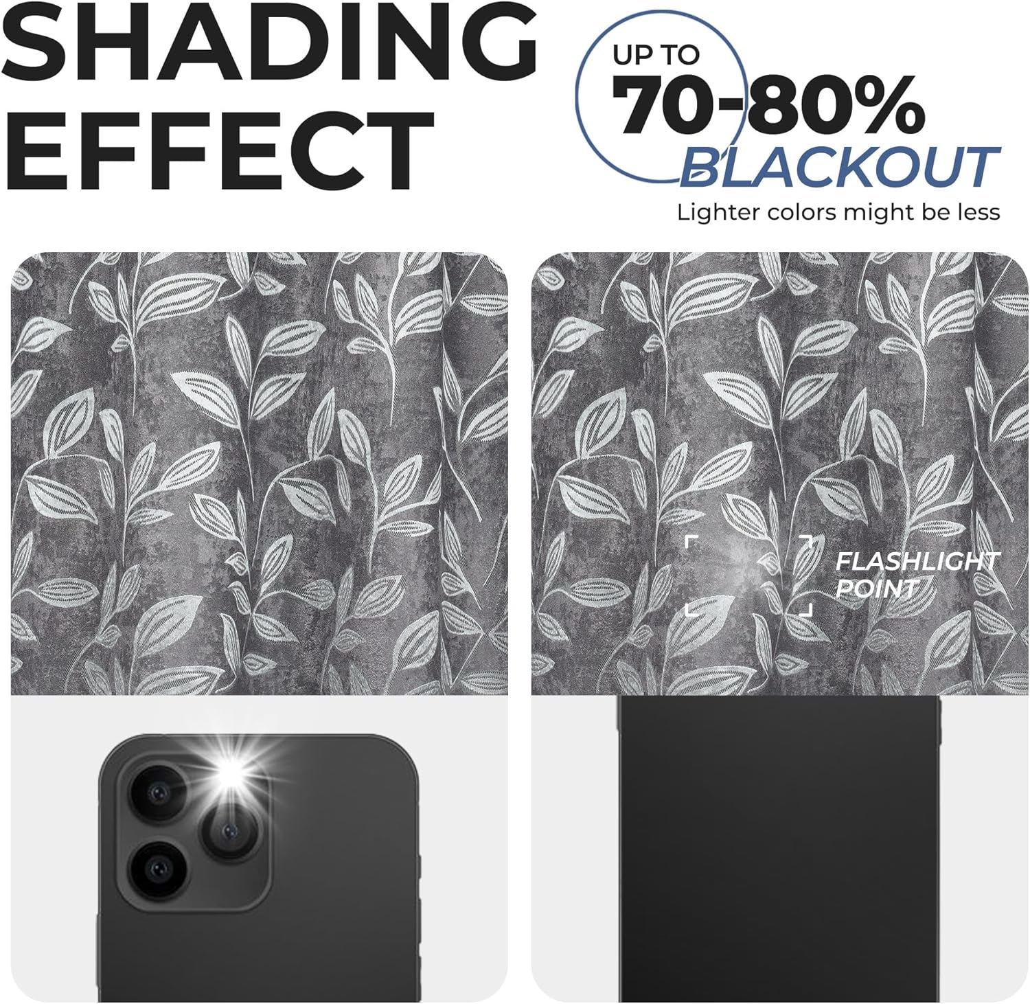 Nickel Black Polyester Blackout Curtains with Leaf Pattern, 36" x 63"
