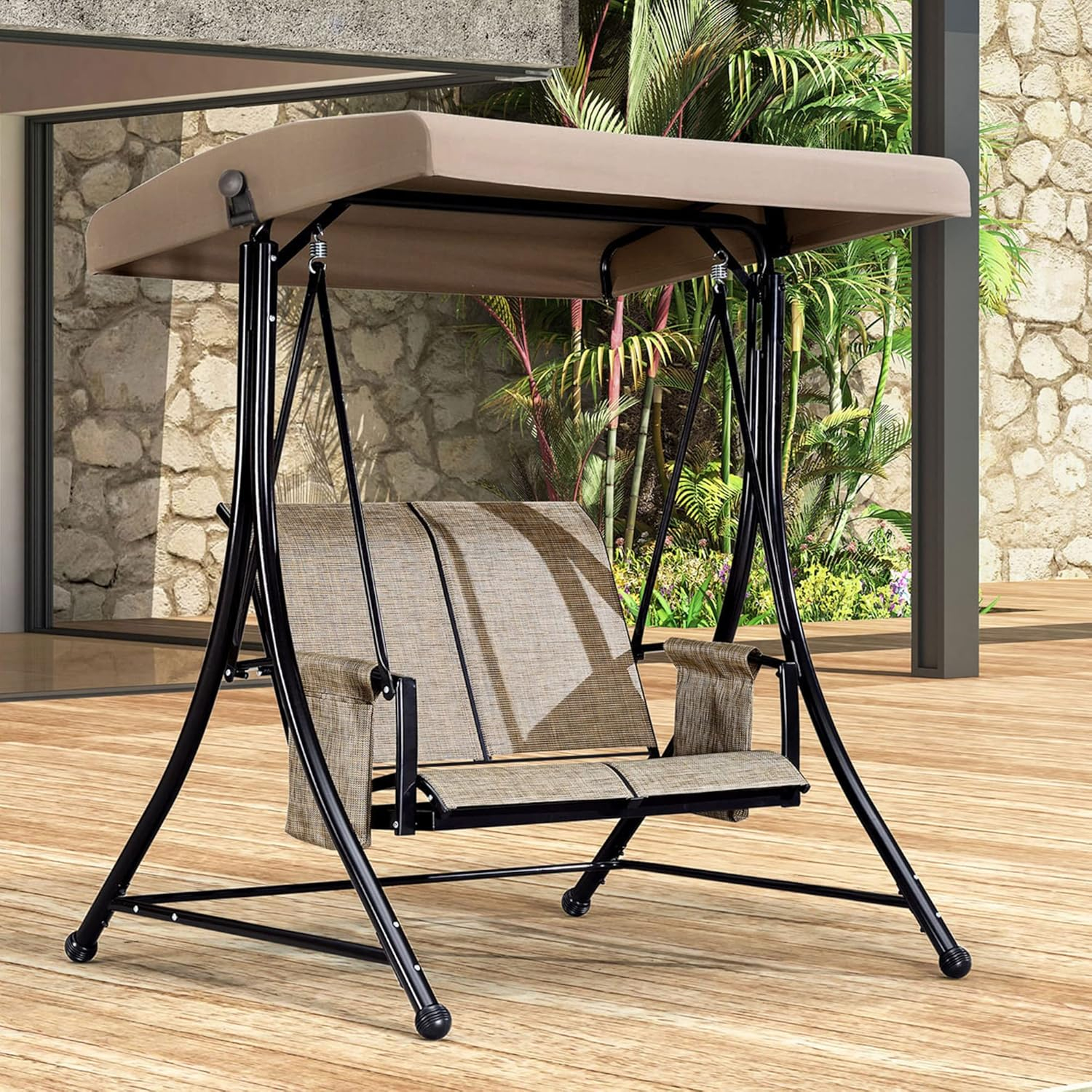 PURPLE LEAF 2-Seat Deluxe Outdoor Patio Porch Swing with Weather Resistant Steel Frame, Adjustable Tilt Canopy, Beige