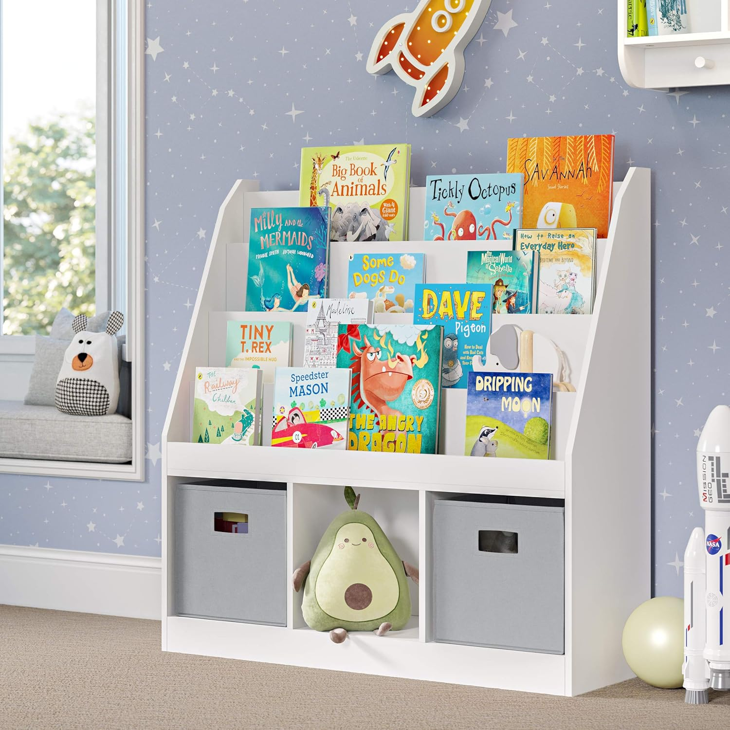 RiverRidge Kids Playroom Bookrack with 3 Toy Organizer Cubbies and 4 Book Shelves - White with 2 Gray Fabric Bins