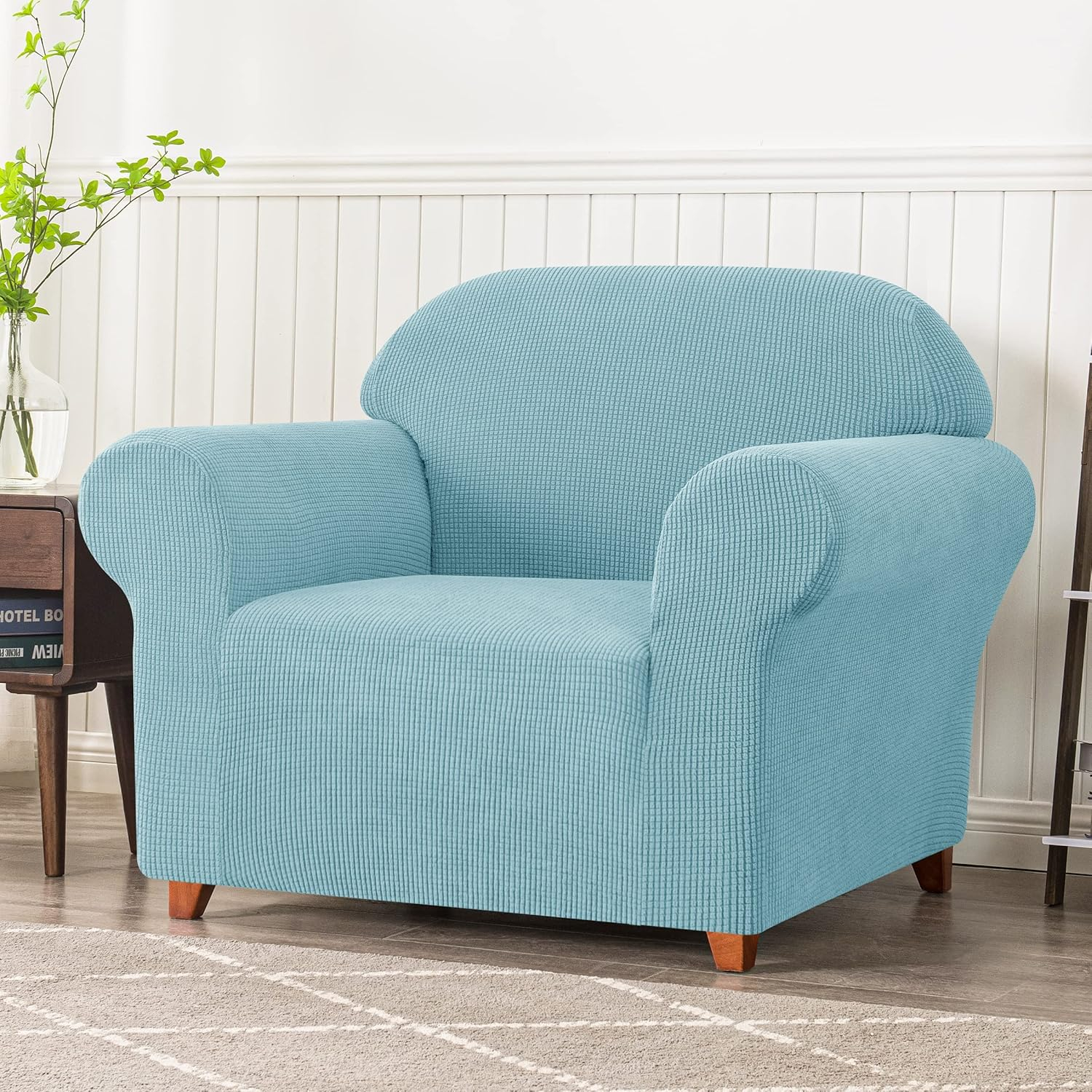 Subrtex Stretch 1-Piece Textured Grid Armchair Slipcover, Steel Blue