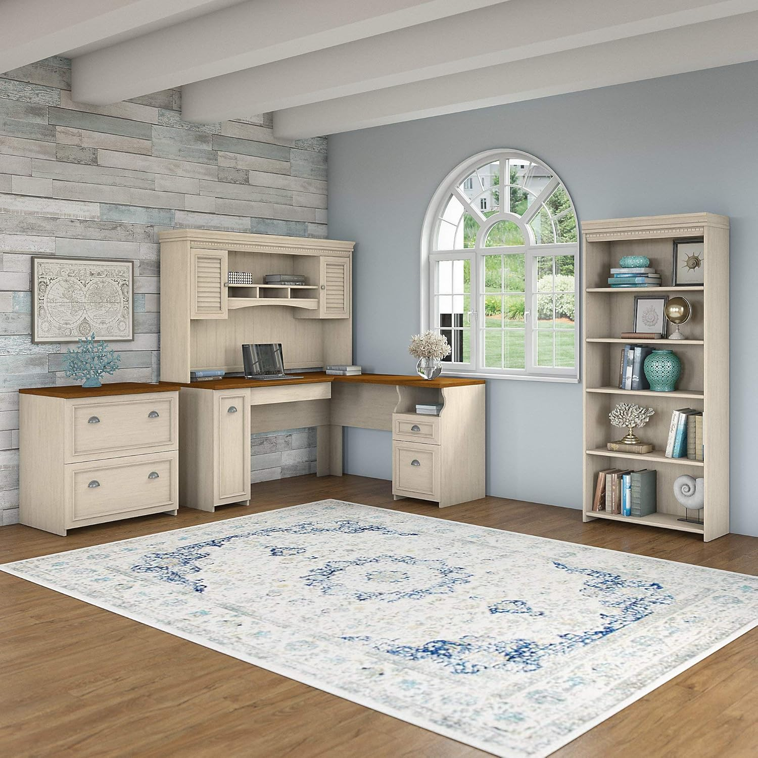 Fairview L Shaped Desk 4 Pc Set with Storage in Antique White - Engineered Wood