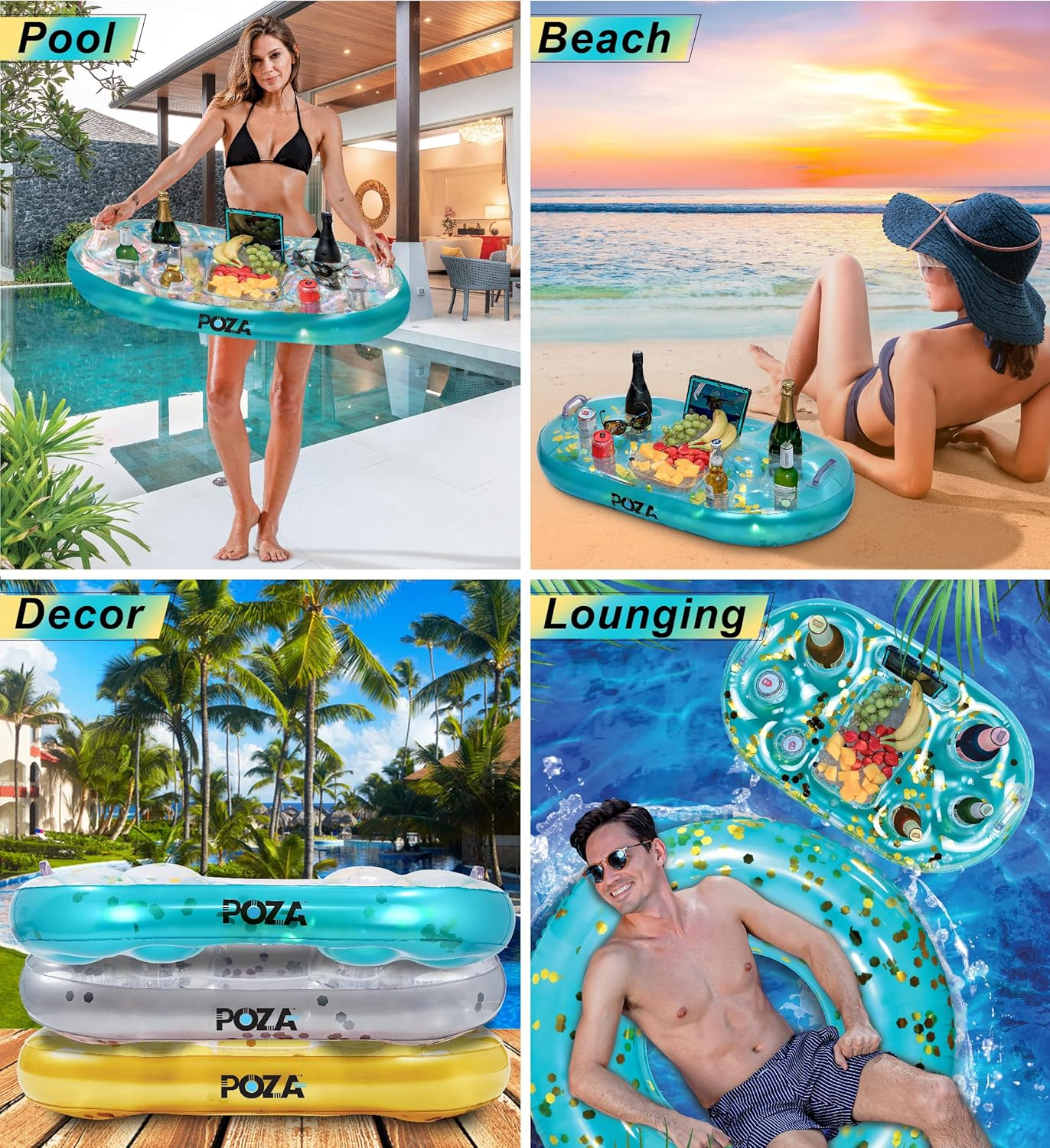 Luxurious Blue and Gold Inflatable Floating Cooler with Sparkly Confetti