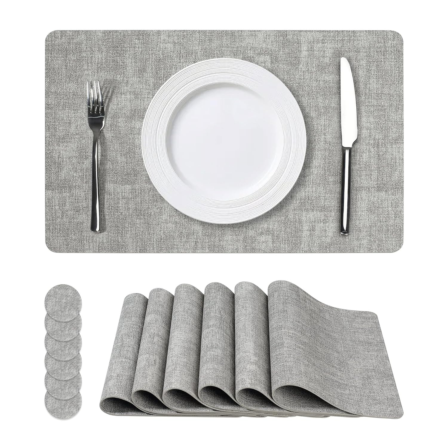 FOCUSLINE Faux Leather Placemats Set of 6, Light Grey Table Place Mats, Waterproof and Non-Slip Dining Table Mats for Indoor & Outdoor Use