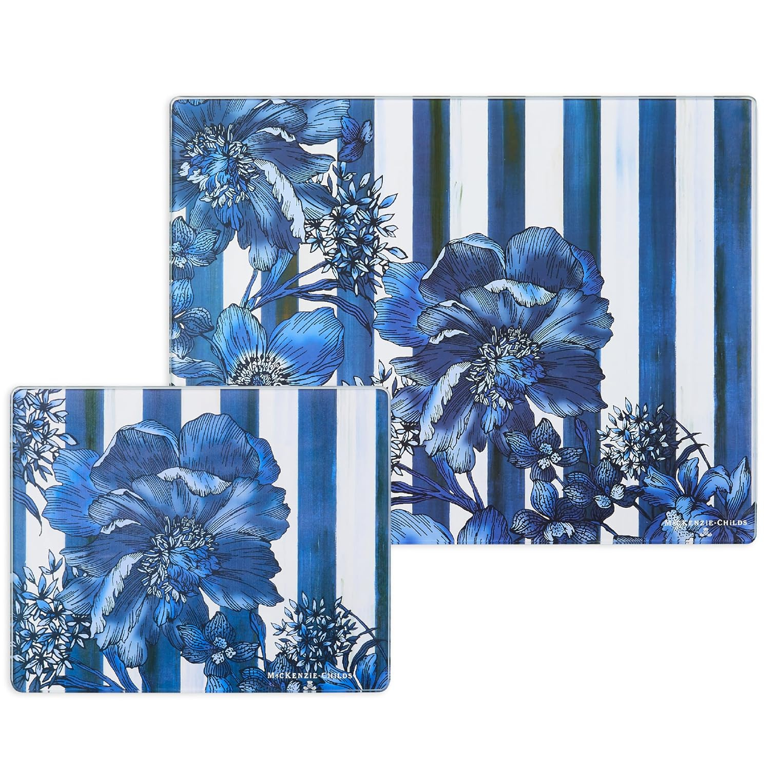 Royal Blue Floral Tempered Glass Rectangular Cutting Board Set