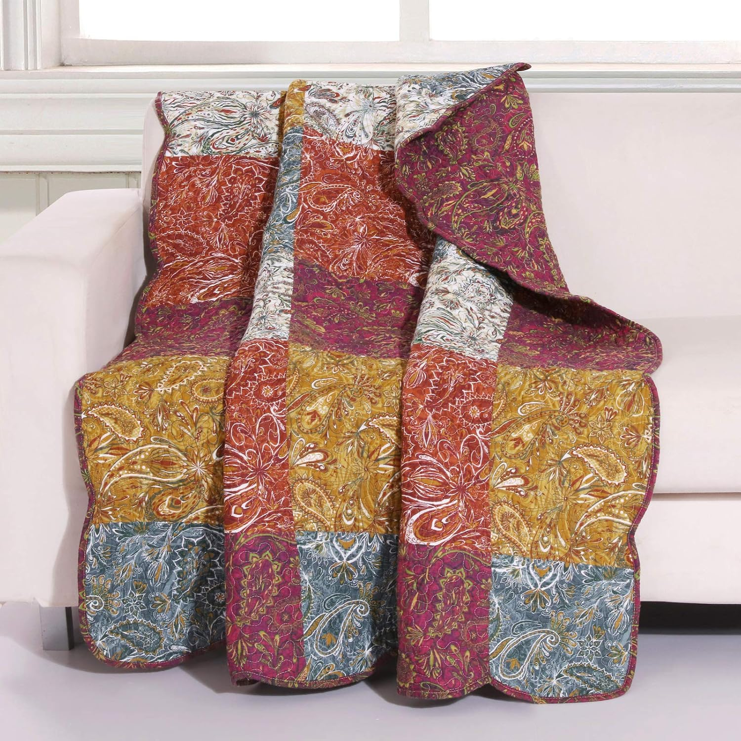 Barefoot Bungalow Paisley Slumber Quilted Cotton Throw Blanket, Spice