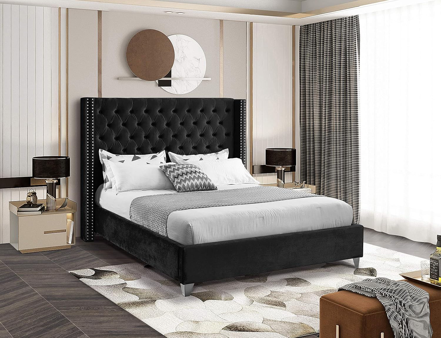 Aiden Black Velvet Queen Bed-Color:Black Velvet,Style:Contemporary