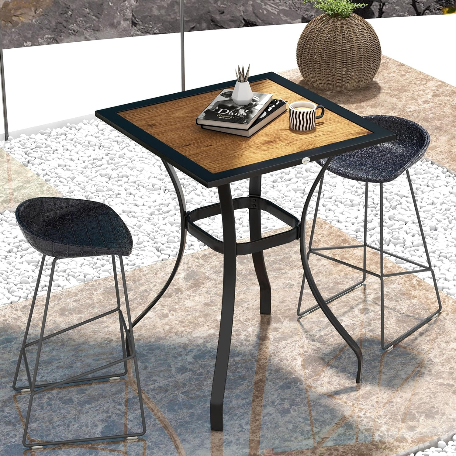 Outsunny 28" Outdoor Dining Table, Faux Wood Patio Furniture, Square Wood-Like Garden Table with Water Safe Design for Deck, Backyard, Lawn, Brown