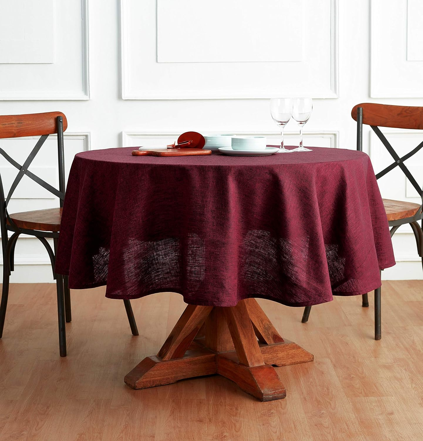 Solino Home Square Tablecloth 52 x 52 Inch - 100% Pure Linen Red Garnet Table Throw - Athena, Machine Washable Tablecloth for Spring, Mothers Day, Memorial Day
