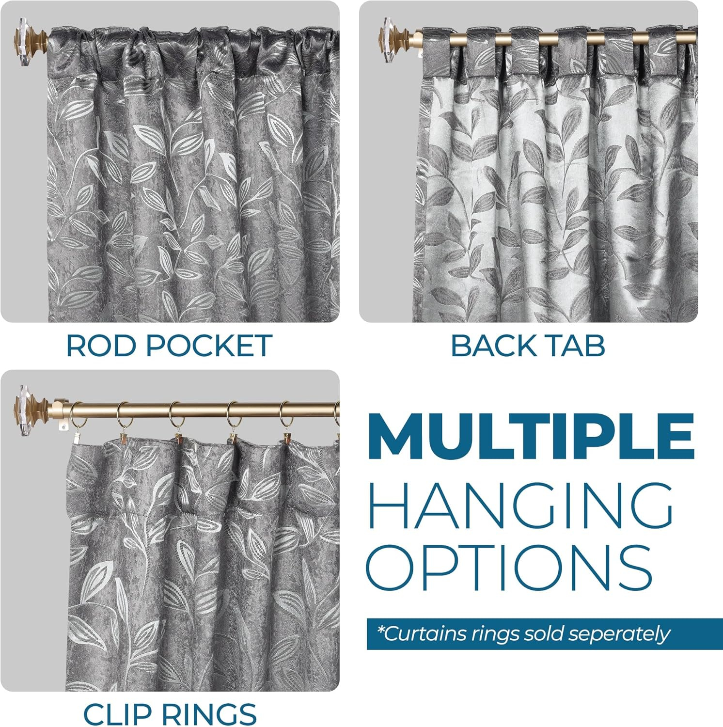 Nickel Black Polyester Blackout Curtains with Leaf Pattern, 36" x 63"