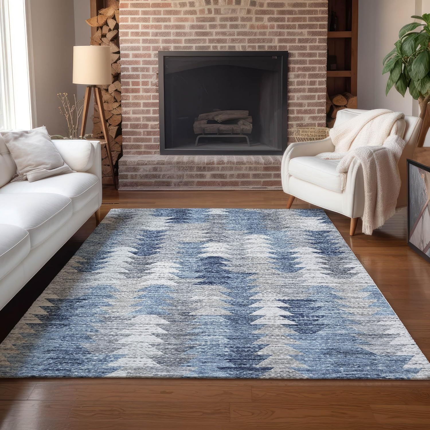 Blue and Gray Geometric Pattern Washable Rug