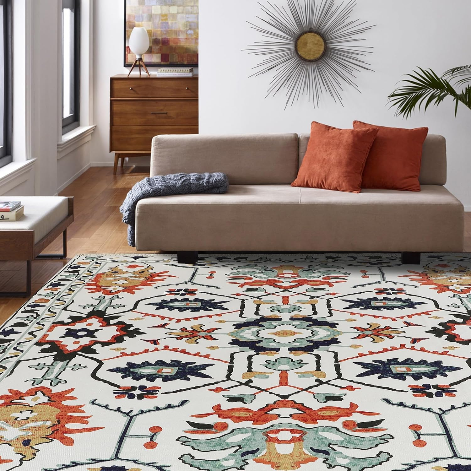 Machine Washable Thin Area Rug - Oriental Vintage Rust Red Kitchen, Bedroom, Hallway, Bathroom, and Entryway 3x5 Rugs - Stain and Water-Resistant - Non-Slip - Pet and Kid Friendly