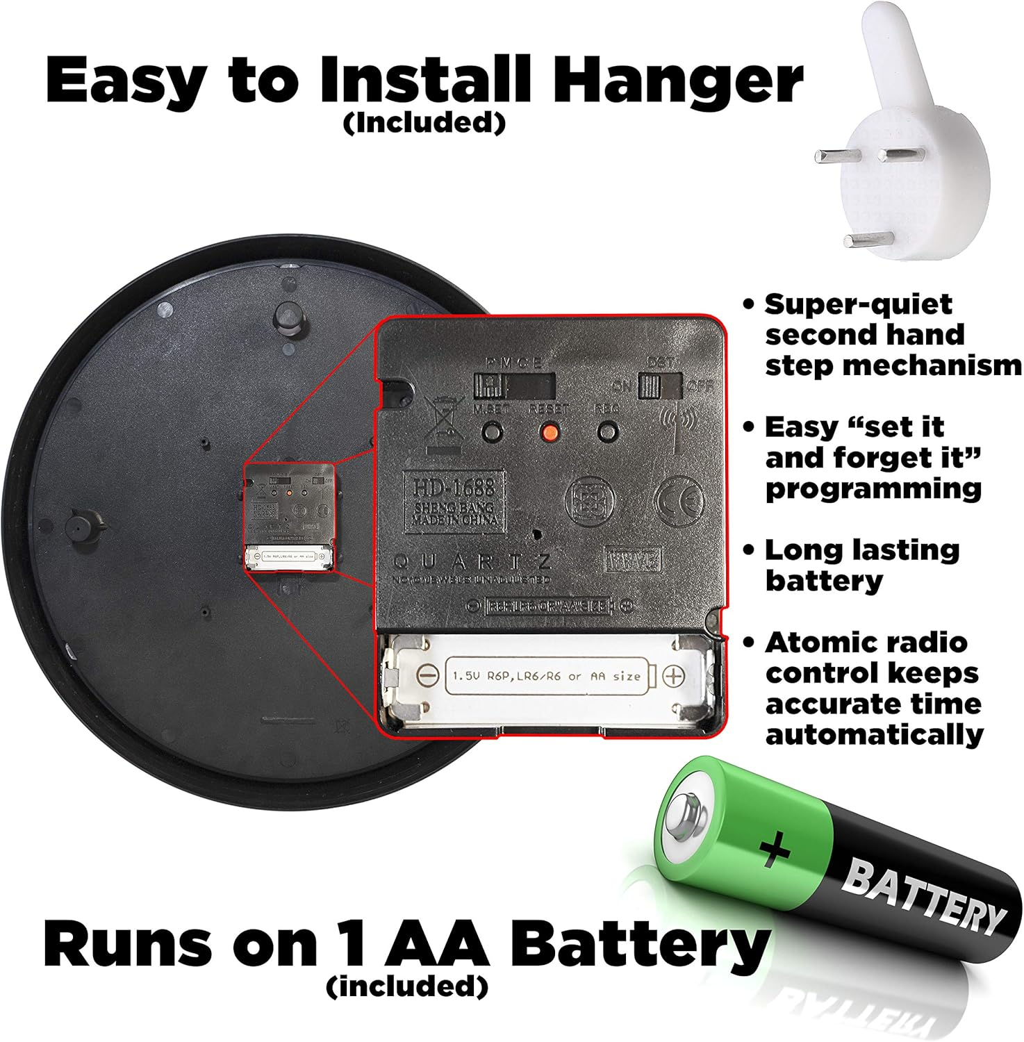 | 14 Inch | Modern | Atomic | Analog | Home | Office | School | Gym | Indoor | Outdoor | Sets Automatically | Unbranded | Classic | Black | Battery Operated | Modern Décor