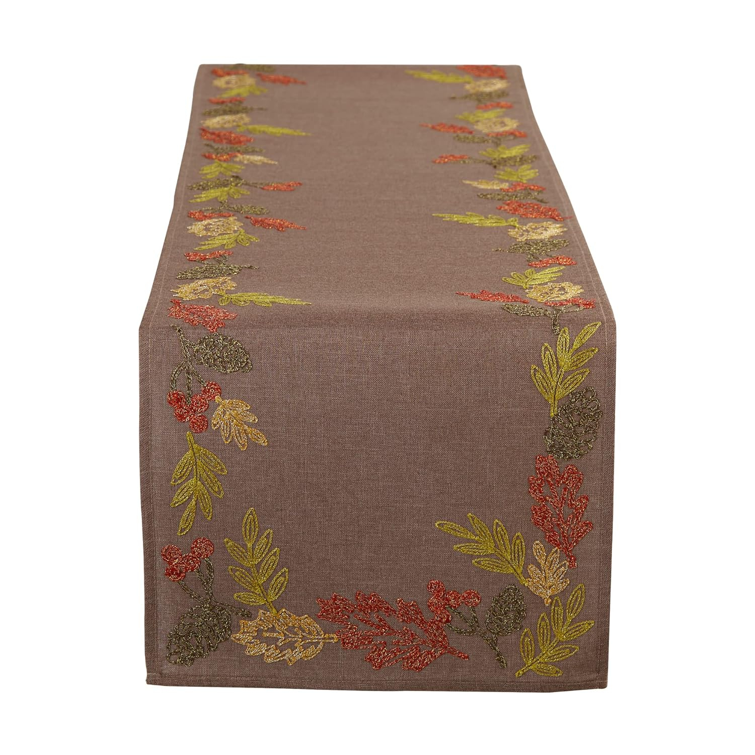 DII 70x14" Polyester Fabric Shimmering Leaves Embroidered Table Runner in Brown
