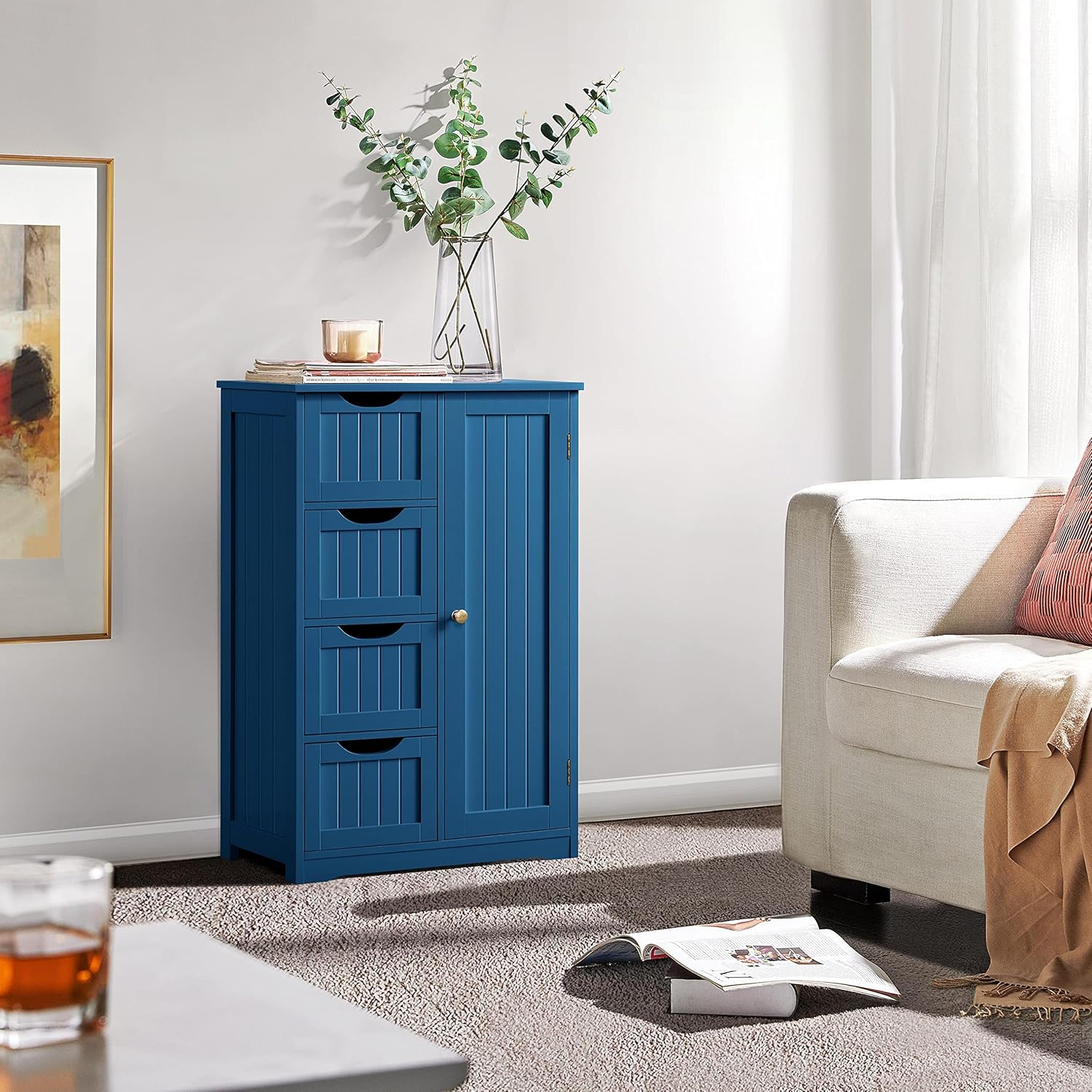 Topeakmart Wooden Bathroom Floor Cabinet, Free Standing Side Cabinet w/4 Drawers & 3 Tier Cupboard Storage Organizer Unit for Hallway/Entryway, Navy Blue