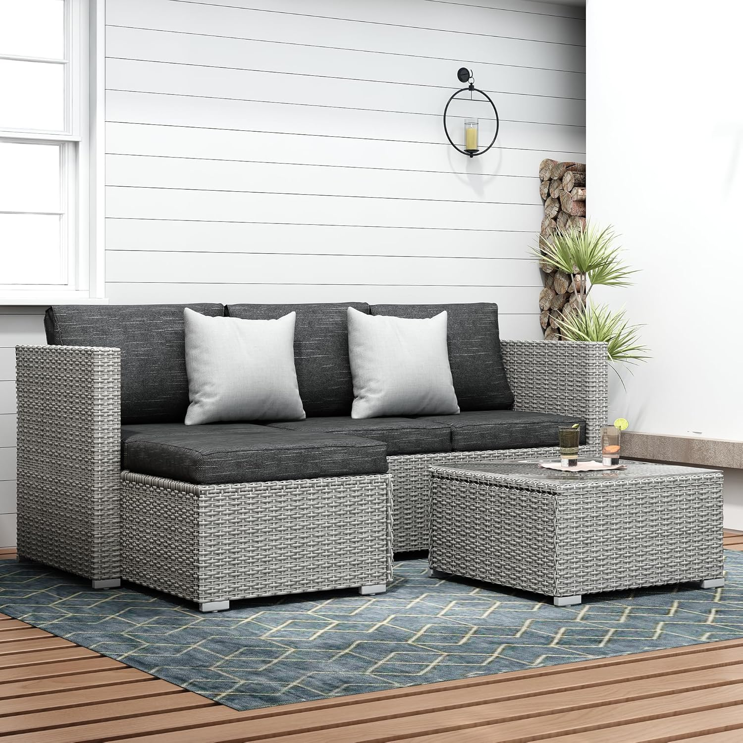 SUNTONE Patio Conversation Sofa Set - 3 Piece All Weather Wicker Outdoor Furniture Set, Gray Rattan & Black Cushions