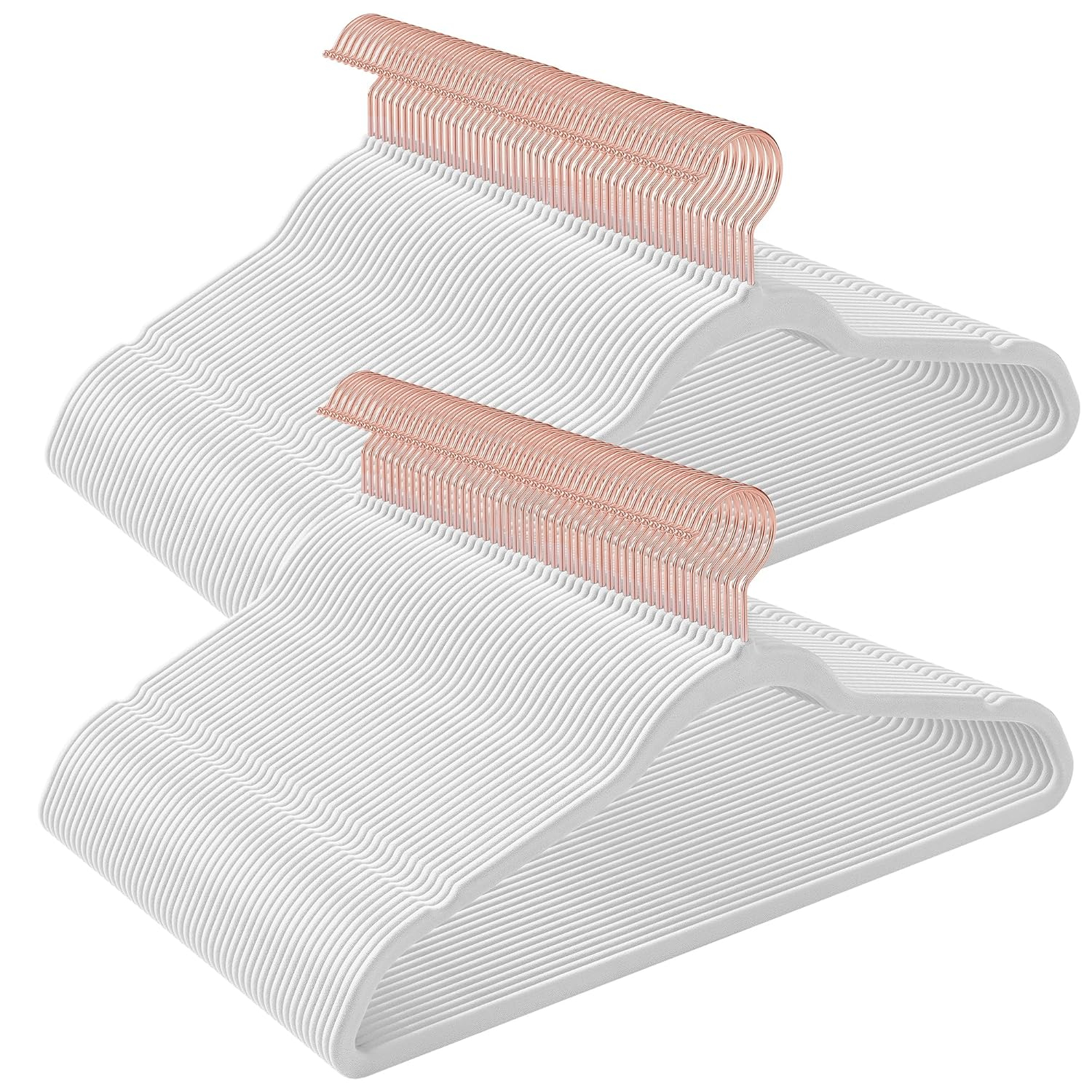 50 Pack Velvet Hangers Non-Slip Clothes Hanger with Rose Gold-Colored Swivel Hooks Space Saving White