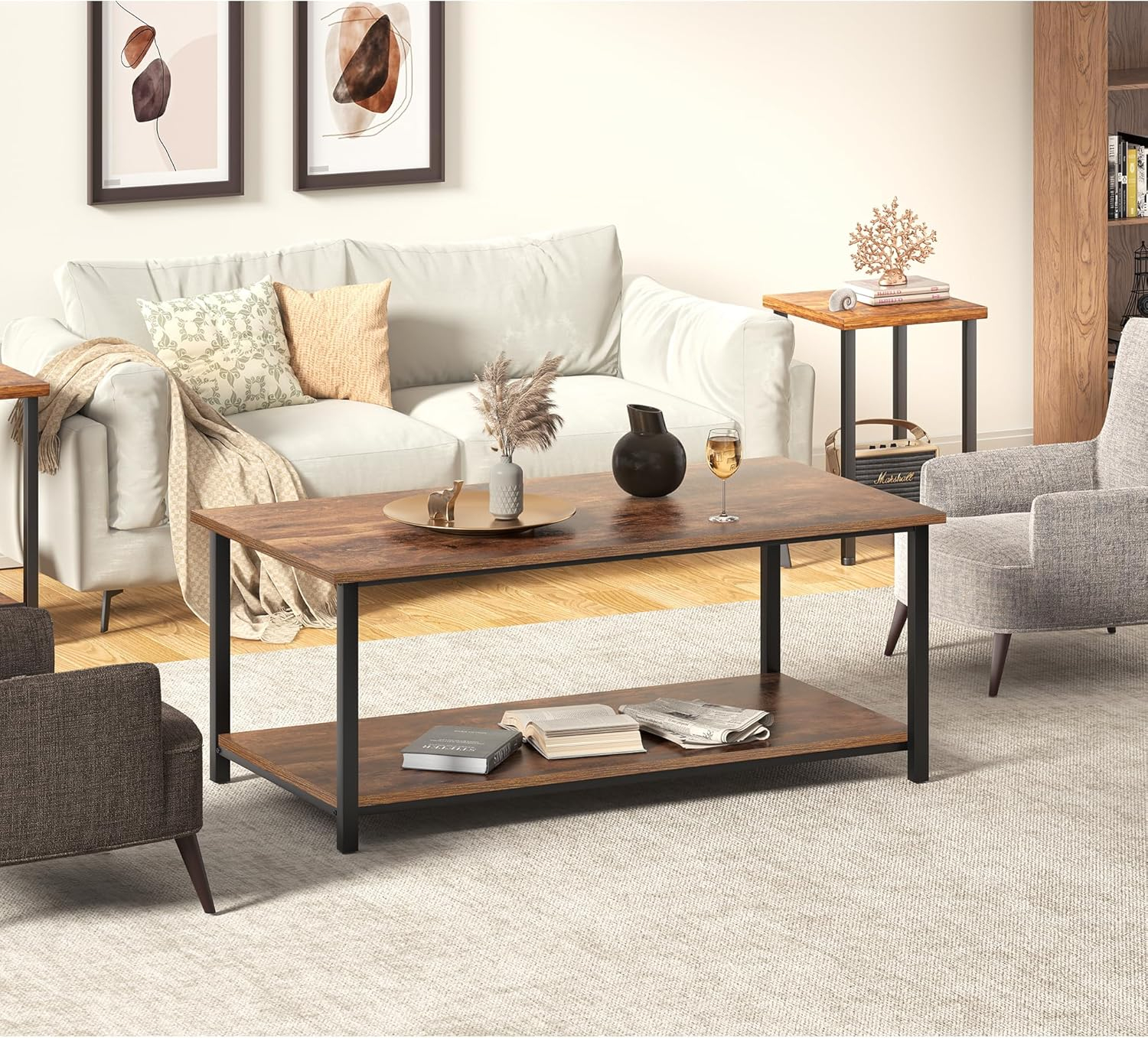 SENIG 2-Tier Coffee Table with Storage Shelf for Living Spaces, Brown Rectangle Wood and Sturdy Metal Side End Table, Functional Center Table for Living Room, 39.3 x 20 x 16