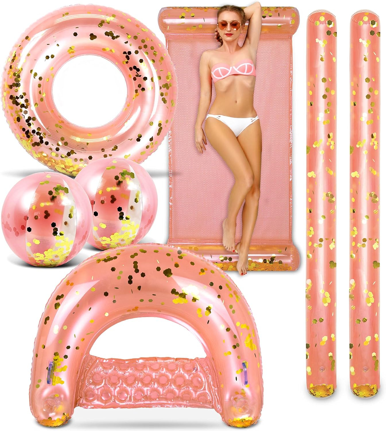 POZA Inflatable Rose Gold Full House Bundle - Premium Luxurious Sparkle Confetti 36" Pool Float Tube, 16" Beach Balls, 74" Pool Noodles, 48" Pool Chair, and 56" Water Hammock - 7 Pieces Pack