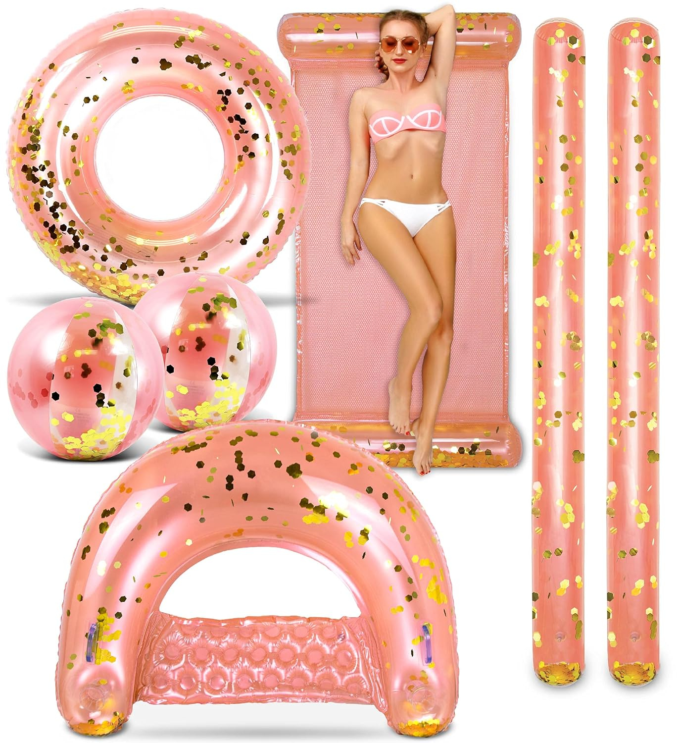 POZA Inflatable Rose Gold Full House Bundle - Premium Luxurious Sparkle Confetti 36" Pool Float Tube, 16" Beach Balls, 74" Pool Noodles, 48" Pool Chair, and 56" Water Hammock - 7 Pieces Pack