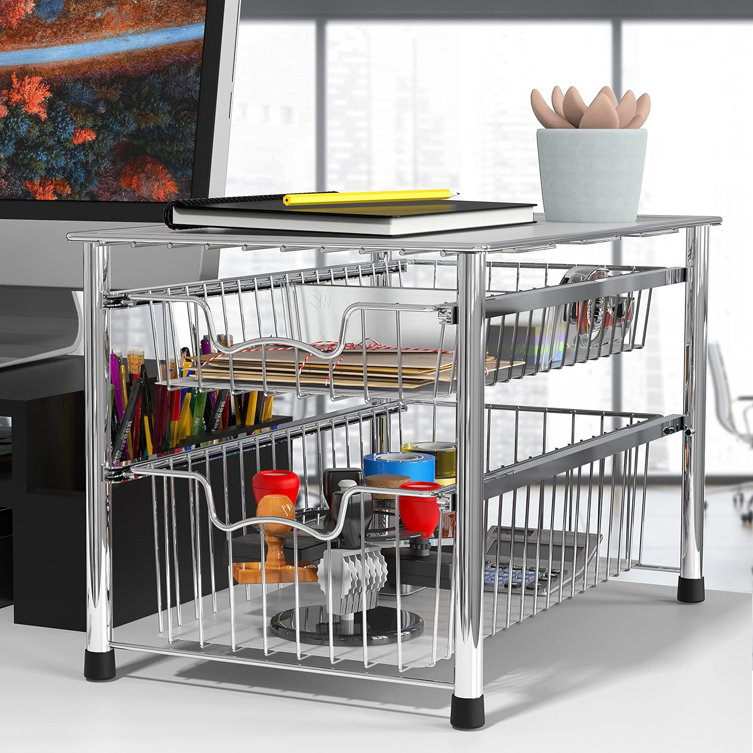 Chrome Stackable 2 Tier Sliding Basket Organizer Drawer
