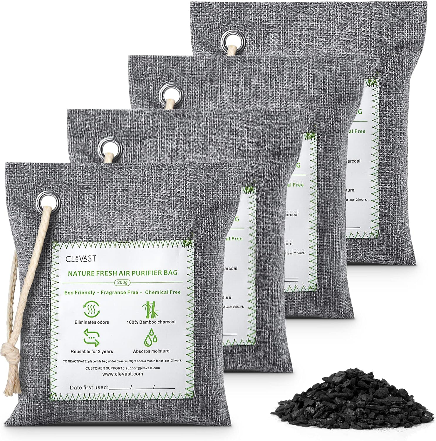 CLEVAST Charcoal Air Purifying Bags (4×200g), Removes Odors and Moisture, Nature Fresh Air Purifier Bags, Odor Eliminator for Home, Car, Pets, Bathroom, Basement