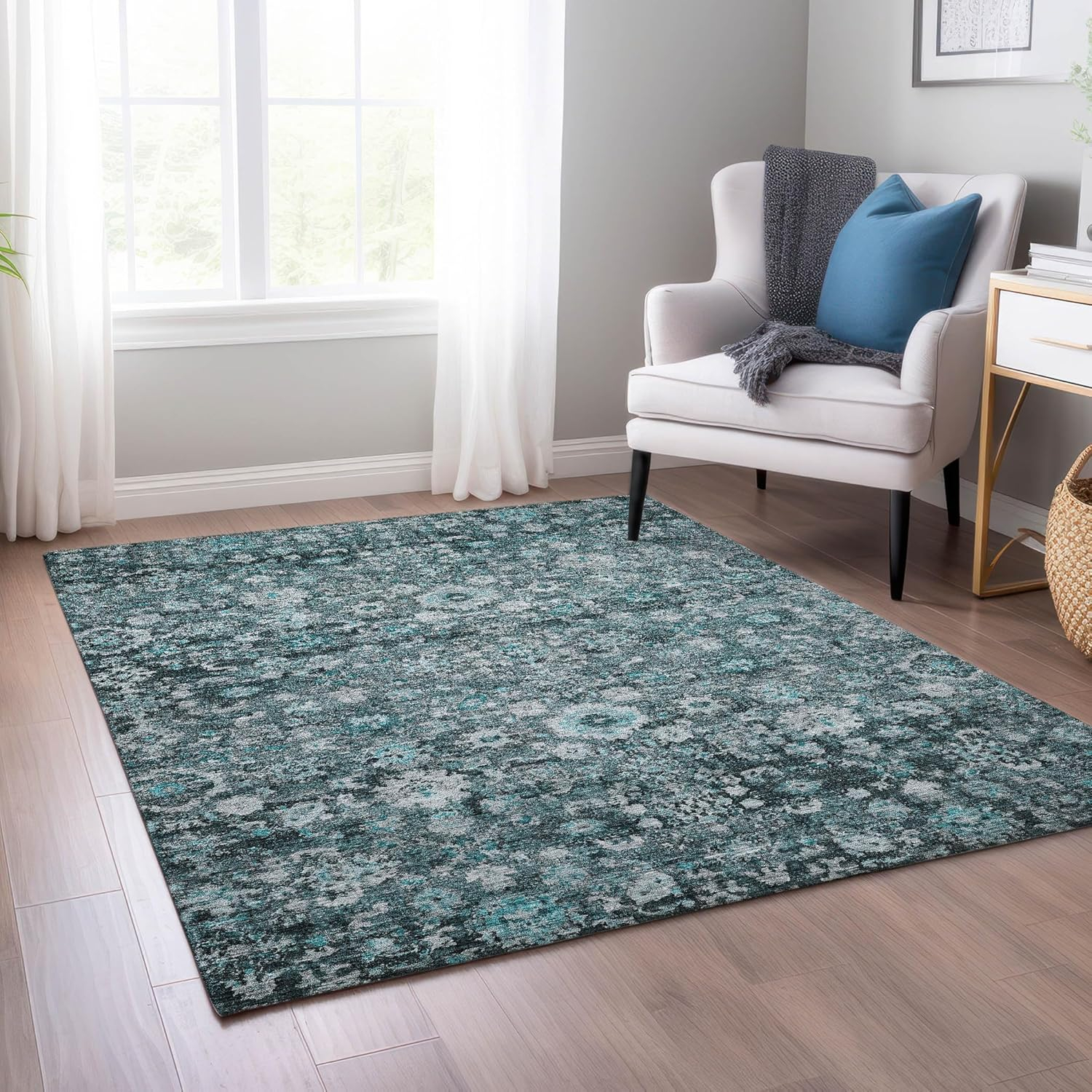 Addison Rugs Machine Washable Indoor/ Outdoor Chantille Traditional Vintage Floral Rug Teal - 5' x 7'6"