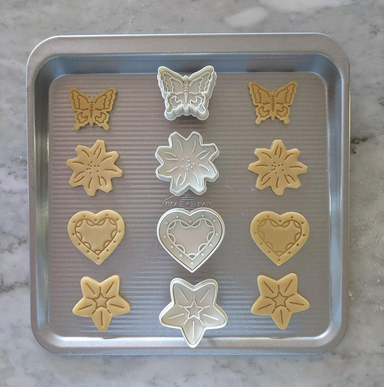 White Plastic Heart-Shaped Cookie Stamp and Cutter Set