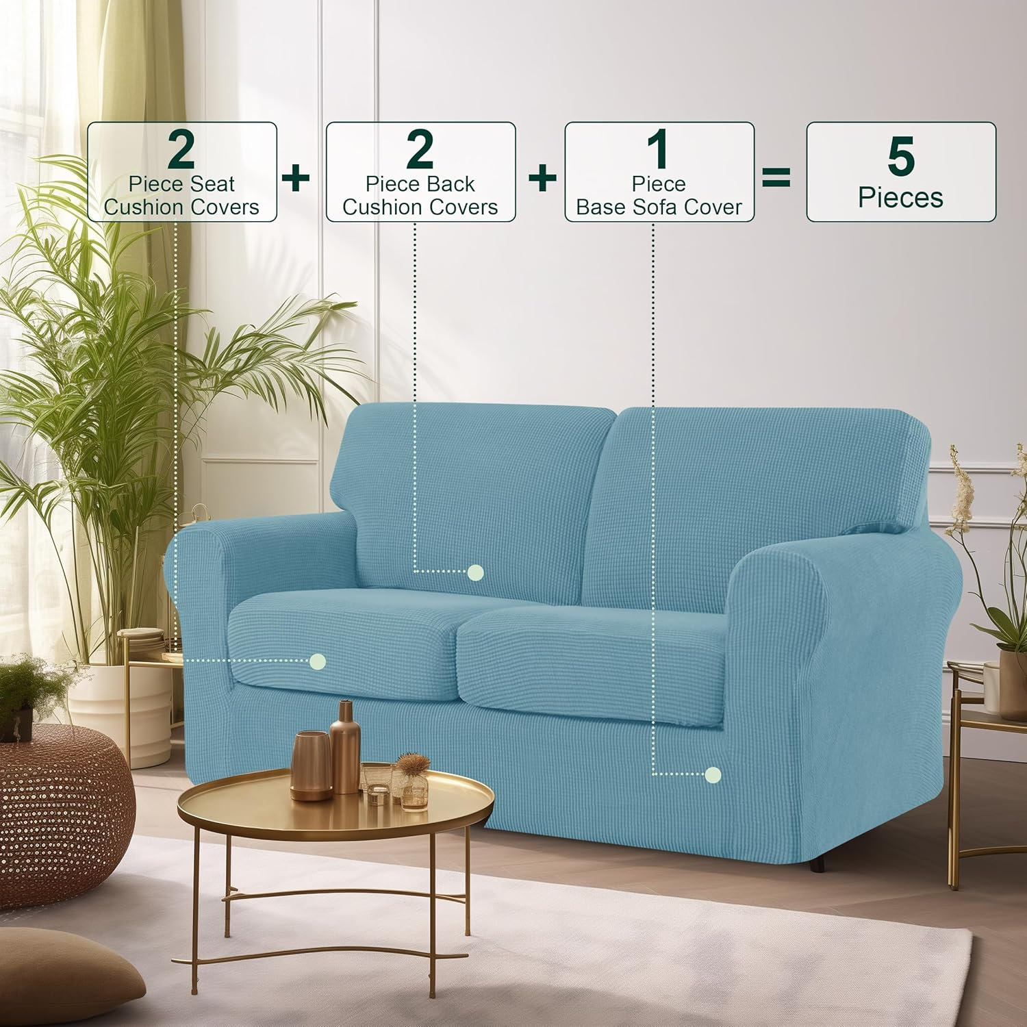 CHUN YI 5 Piece Stretch Loveseat Sofa Cover, 2 Seater Couch Slipcover with Two Separate Backrests and Cushions with Elastic Band, Checks Spandex Jacquard Fabric(Medium,Smoky Blue)