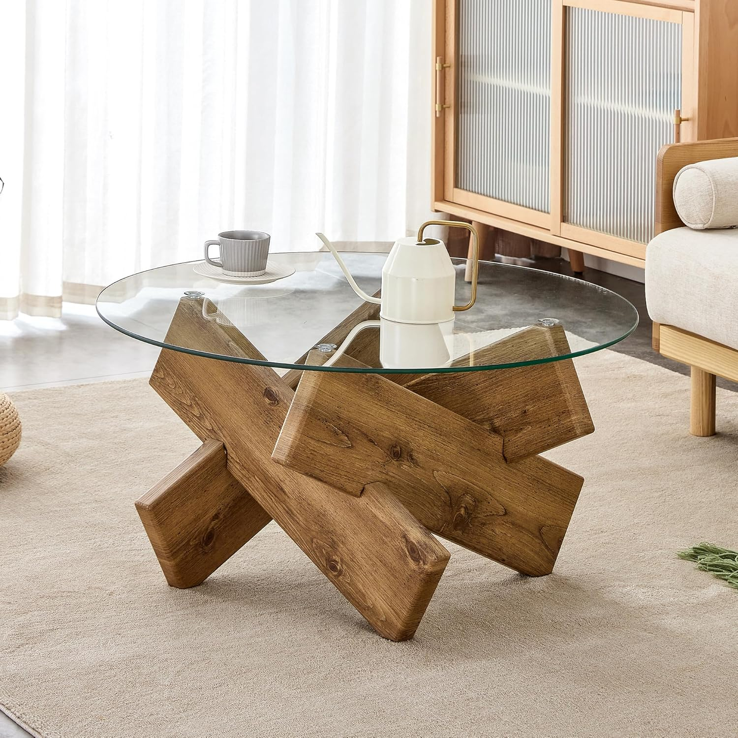 PAPROOS Round Coffee Table for Living Room, Modern Small Coffee Table with Tempered Glass Countertop and Patterned MDF Legs, Enter Table Side Table Glass Coffee Table, Easy Assembly, Natural Wood