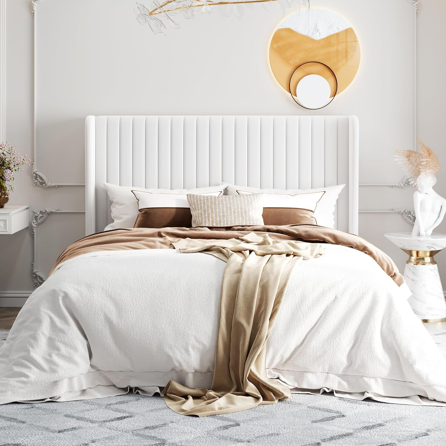 SHA CERLIN Queen Size Velvet Bed Frame with Vertical Channel Tufted Wingback Headboard, Upholstered Platform Bed with Wood Slats, No Box Spring Needed, Easy Assembly, White